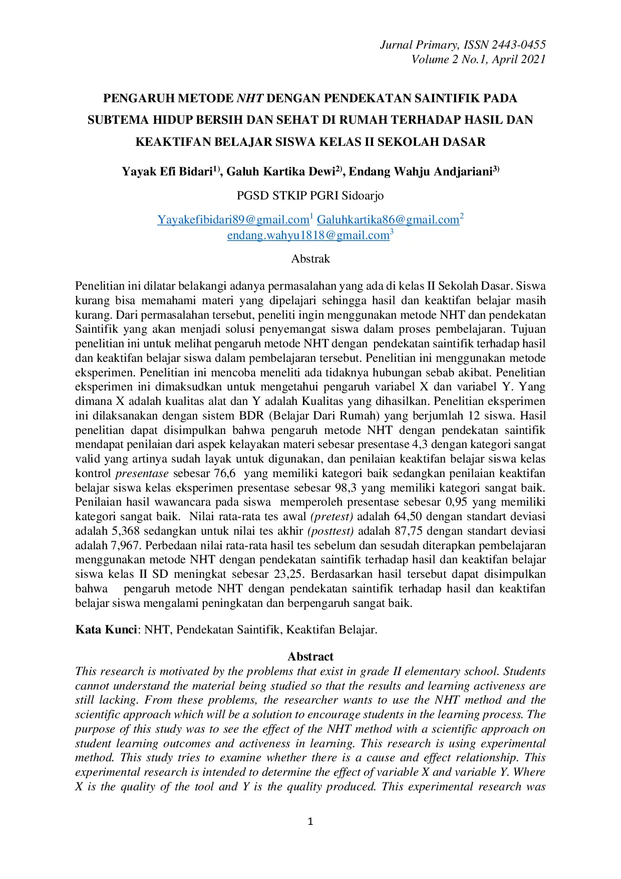 JURIS Pengaruh Metode Nht Dengan Pendekatan Saintifik Pada Subtema Hidup Bersih Dan Sehat Di Rumah Terhadap Hasil Dan Keaktifan Belajar Siswa Kelas Ii Sekolah Dasar