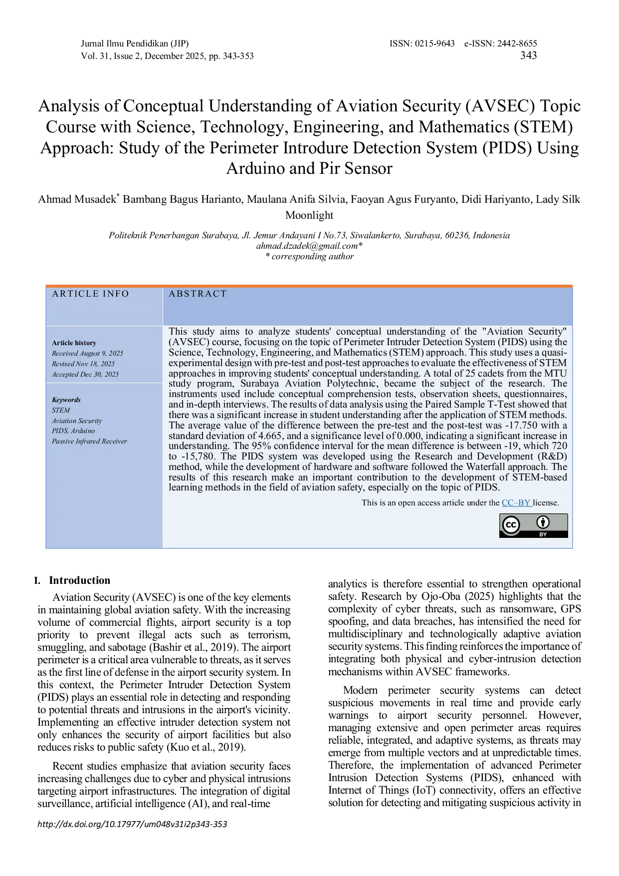 JURIS Analysis Of Conceptual Understanding Of Aviation Security AVSEC Topic Course With Science Technology Engineering And Mathematics STEM Approach Study Of The Perimeter Intrusion Detection System