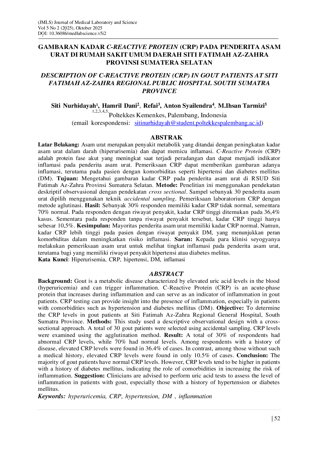 JURIS Gambaran Kadar C Reactive Protein CRP Pada Penderita Asam Urat Di Rumah Sakit Umum Daerah Siti Fatimah Az Zahra Provinsi Sumatera Selatan