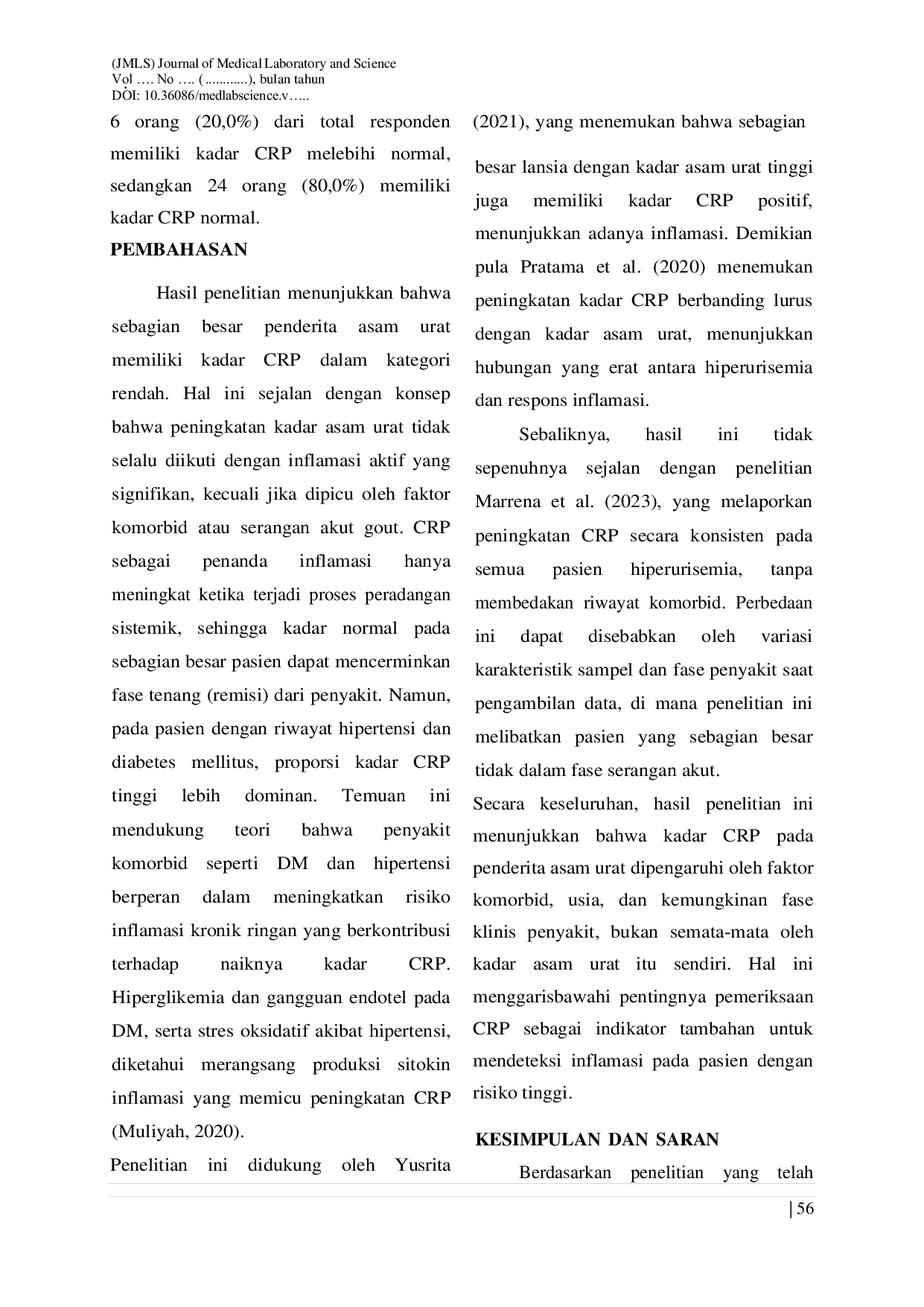 JURIS Gambaran Kadar C Reactive Protein CRP Pada Penderita Asam Urat Di Rumah Sakit Umum Daerah Siti Fatimah Az Zahra Provinsi Sumatera Selatan