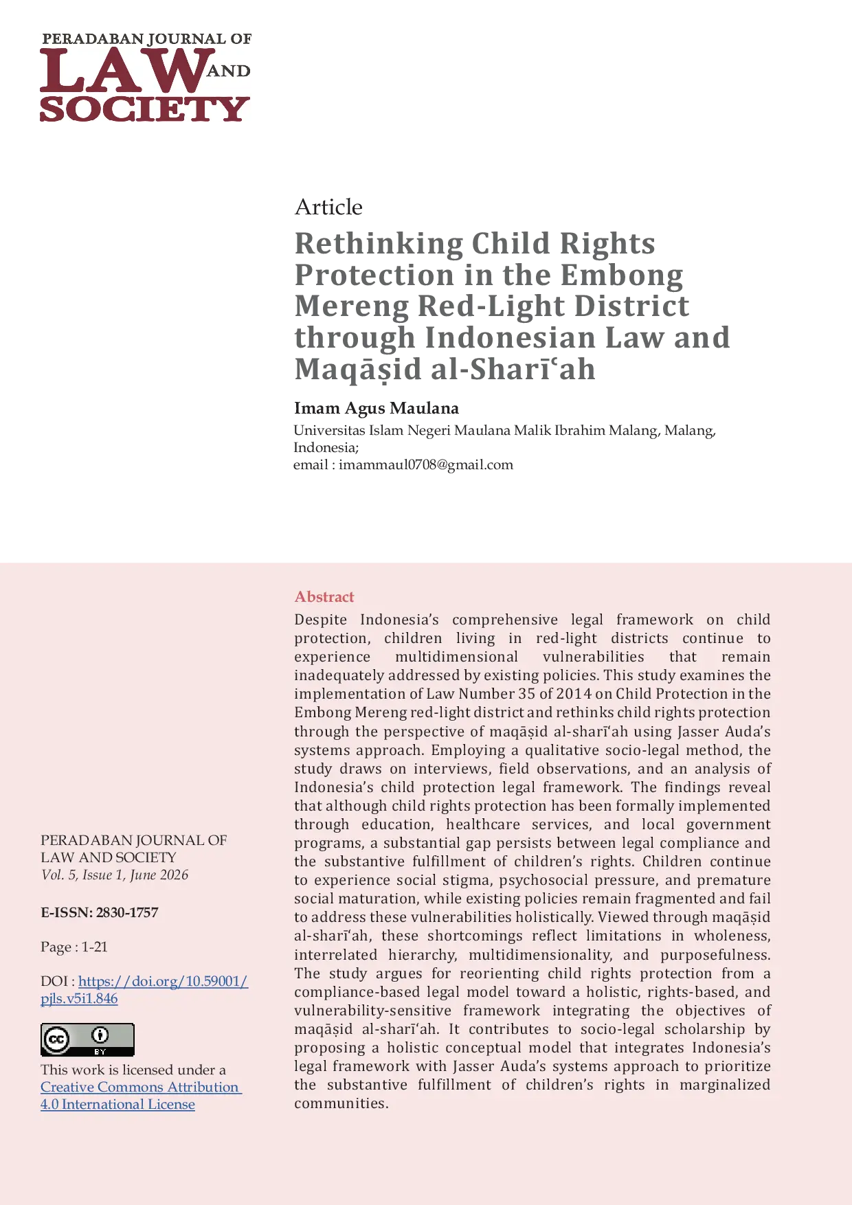 JURIS Rethinking Child Rights Protection in the Embong Mereng Red Light District through Indonesian Law and MaqAid al Sharah