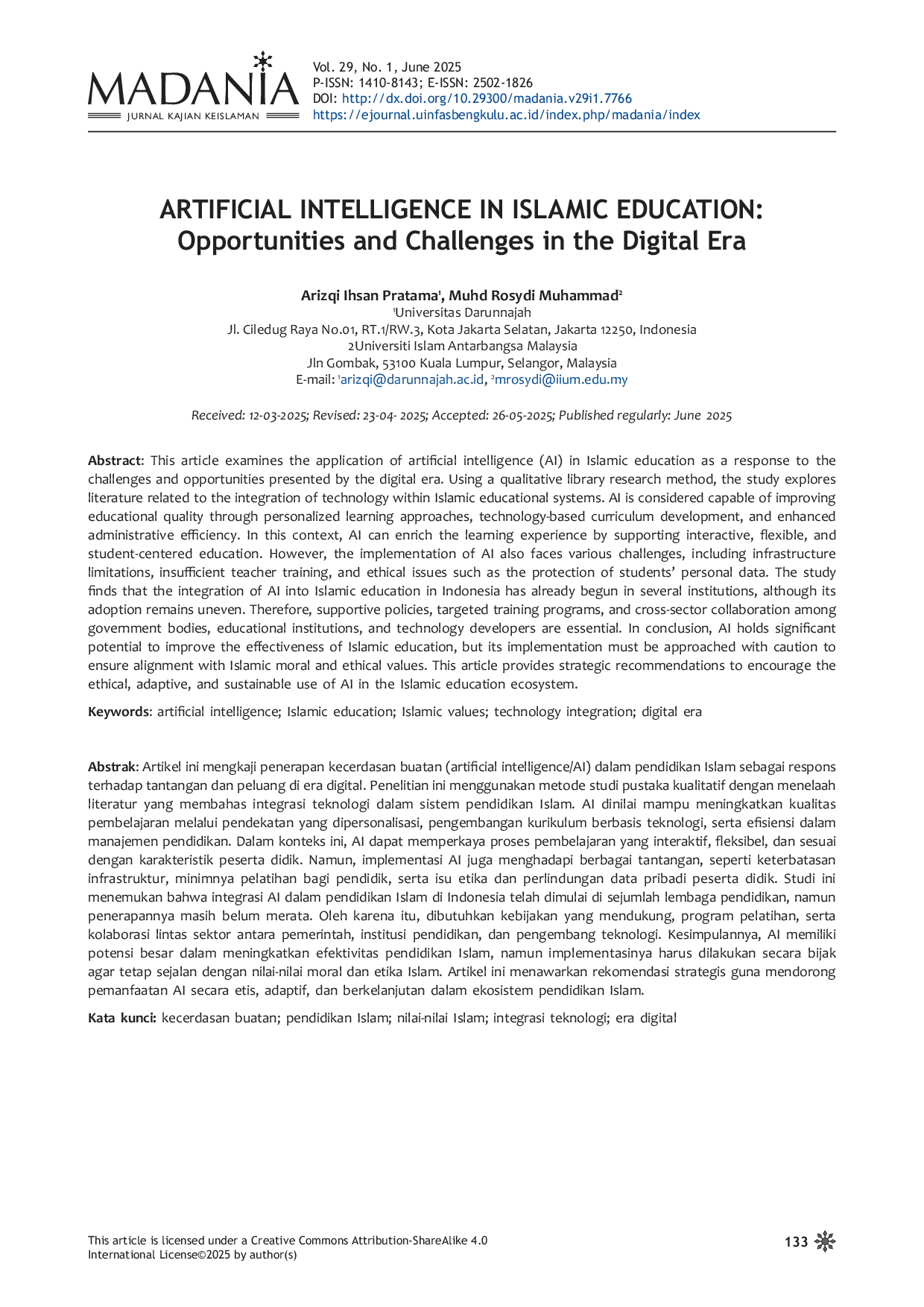 JURIS Artificial Intelligence in Islamic Education Opportunities and Challenges in the Digital Era