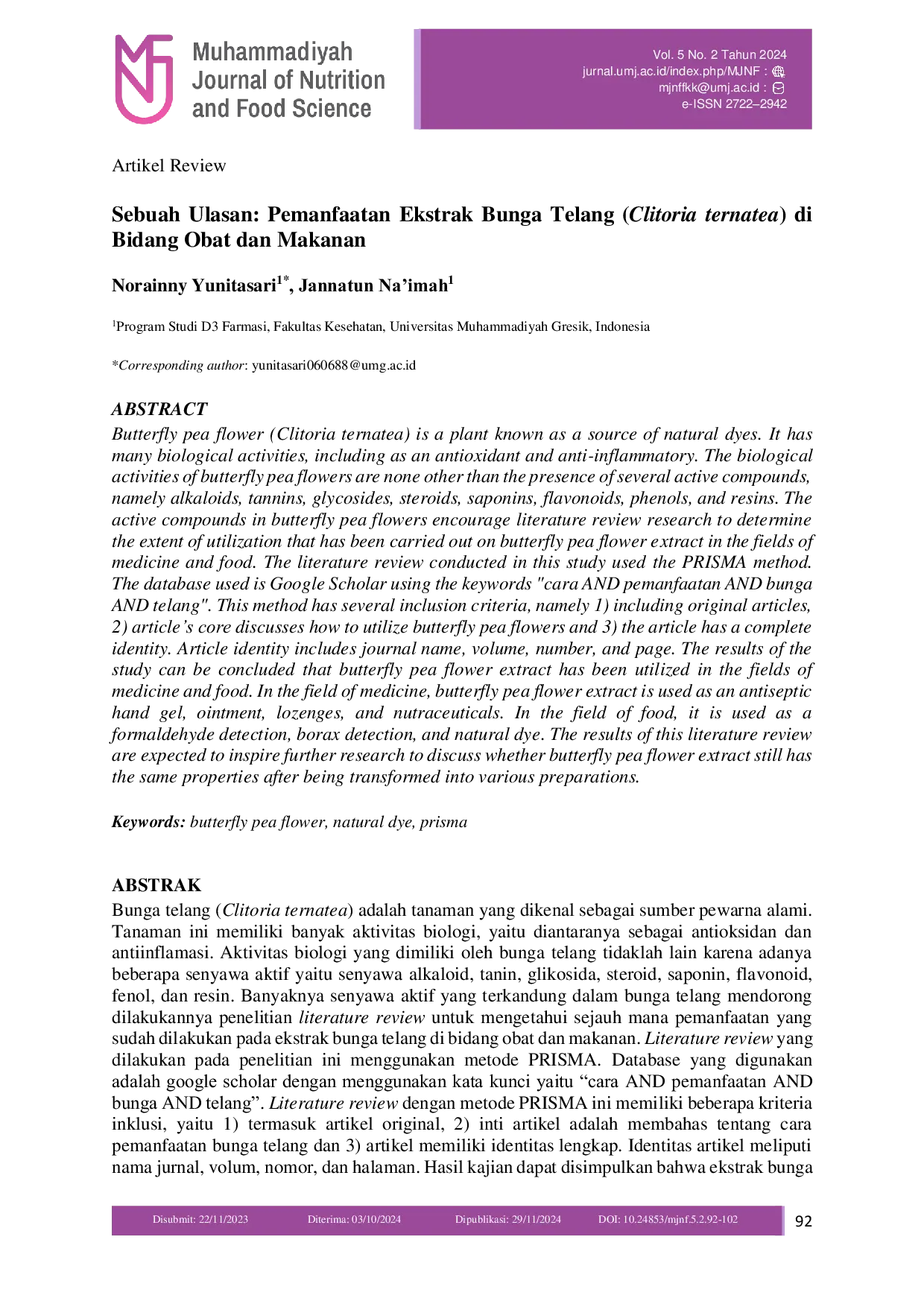JURIS Sebuah Ulasan Pemanfaatan Ekstrak Bunga Telang Clitoria ternatea di Bidang Obat dan Makanan