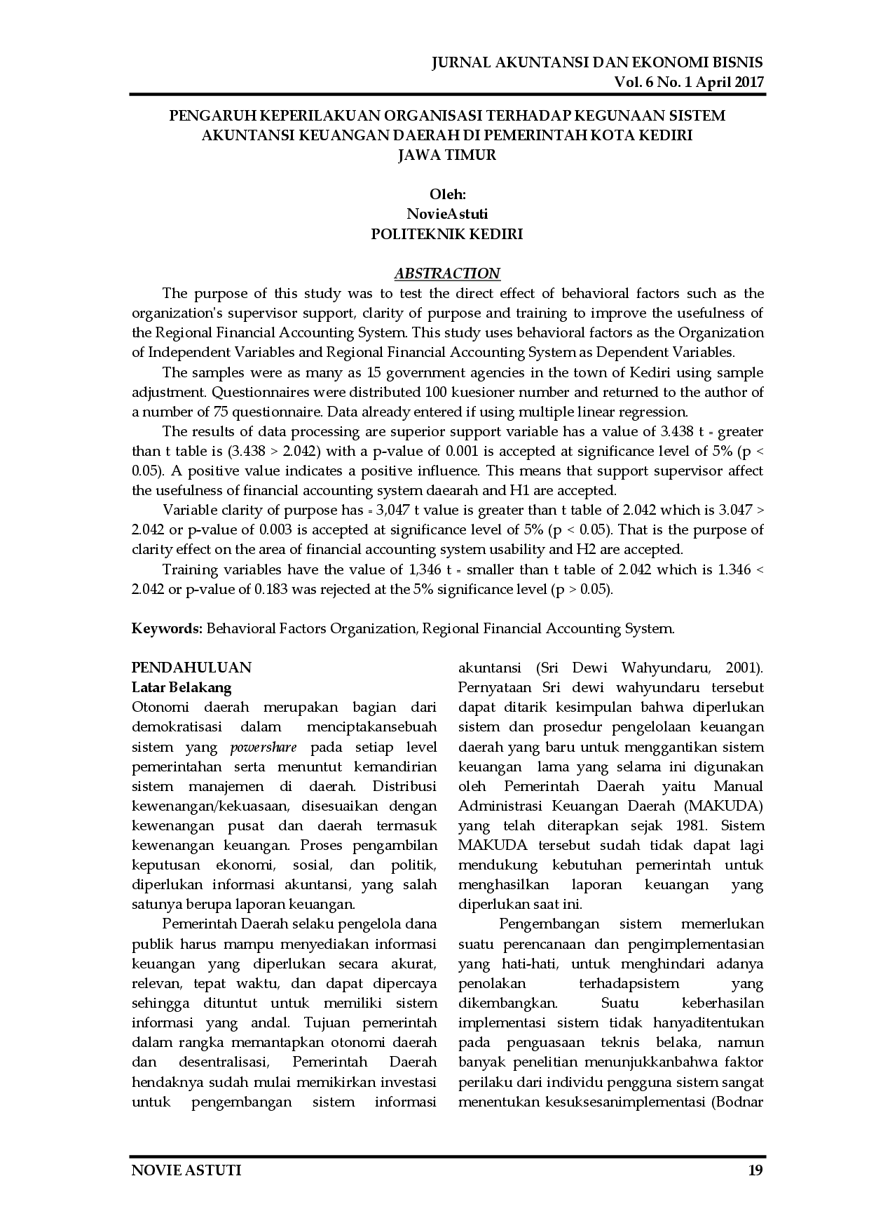 juris Pengaruh Kepelakuan Organisasi Terhadap Kegunaan Sistem Akuntansi Keuangan Daerah Di Pemerintah Kota Kediri
