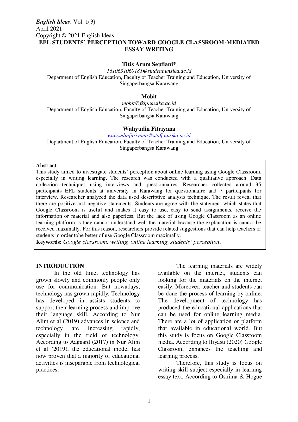 JURIS EFL Students Perception Toward Google Classroom Mediated Essay Writing