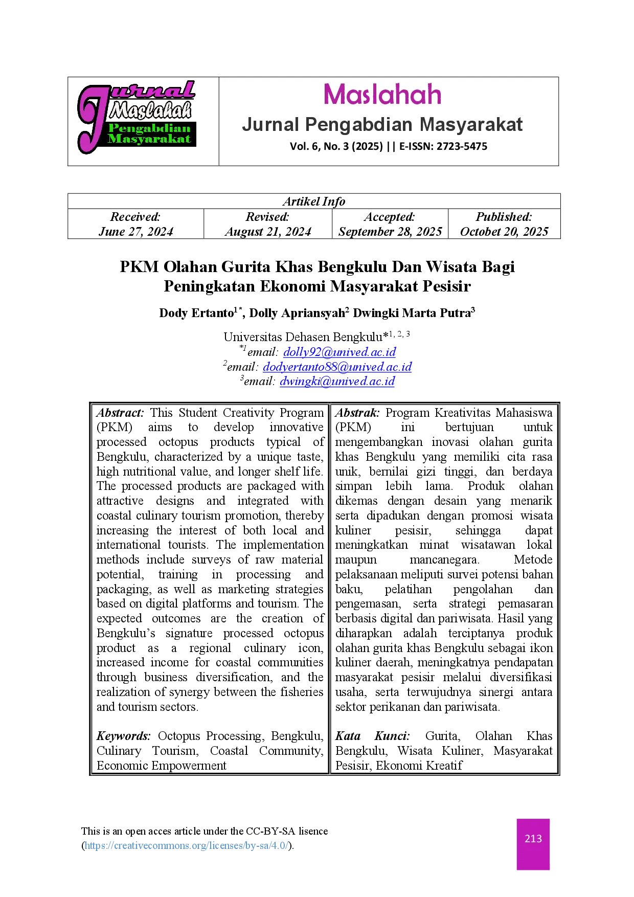 juris PKM Olahan Gurita Khas Bengkulu Dan Wisata Bagi Peningkatan Ekonomi Masyarakat Pesisir
