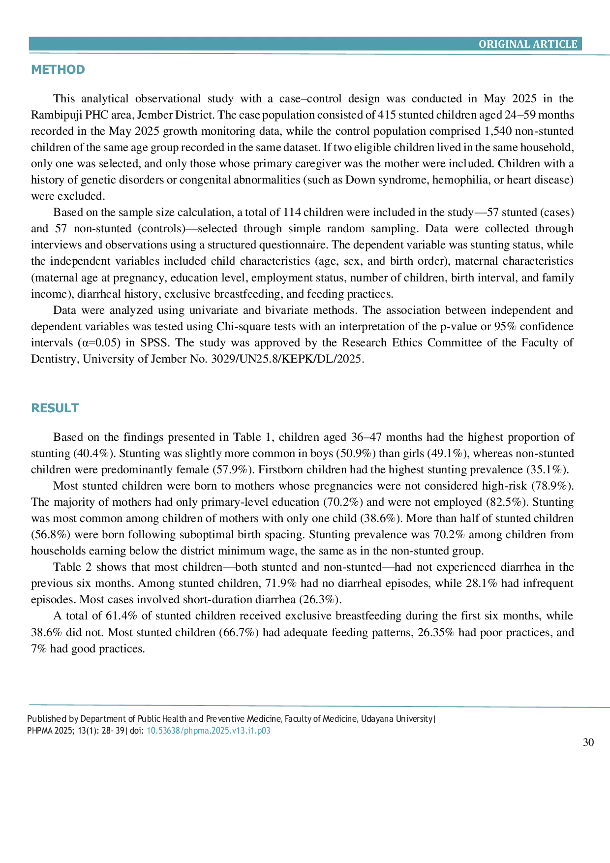 JURIS Relationship between diarrhea history exclusive breastfeeding and feeding patterns with stunting incidence in toddlers aged 24 59 months