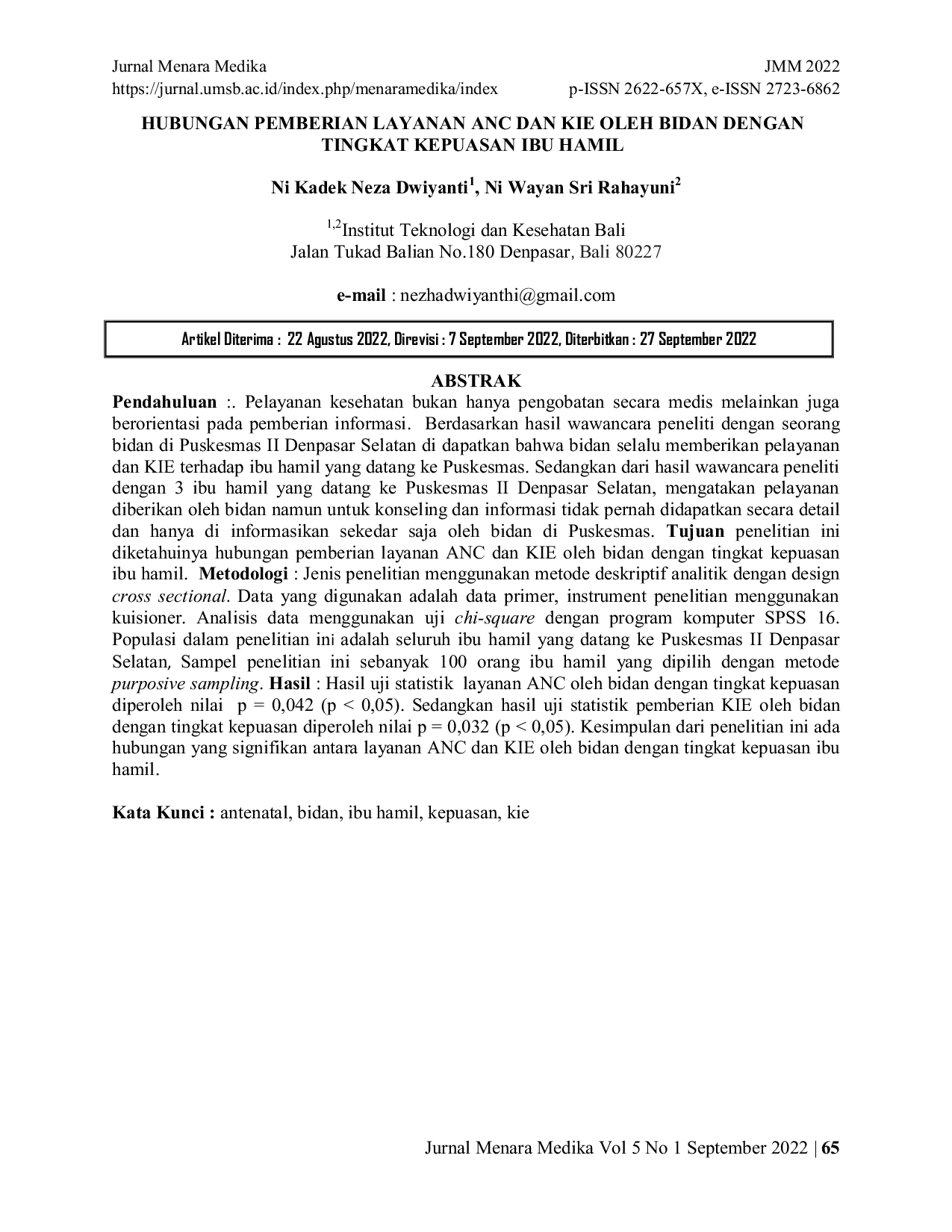 JURIS Hubungan Pemberian Layanan ANC Dan KIE Oleh Bidan Dengan Tingkat Kepuasan Ibu Hamil