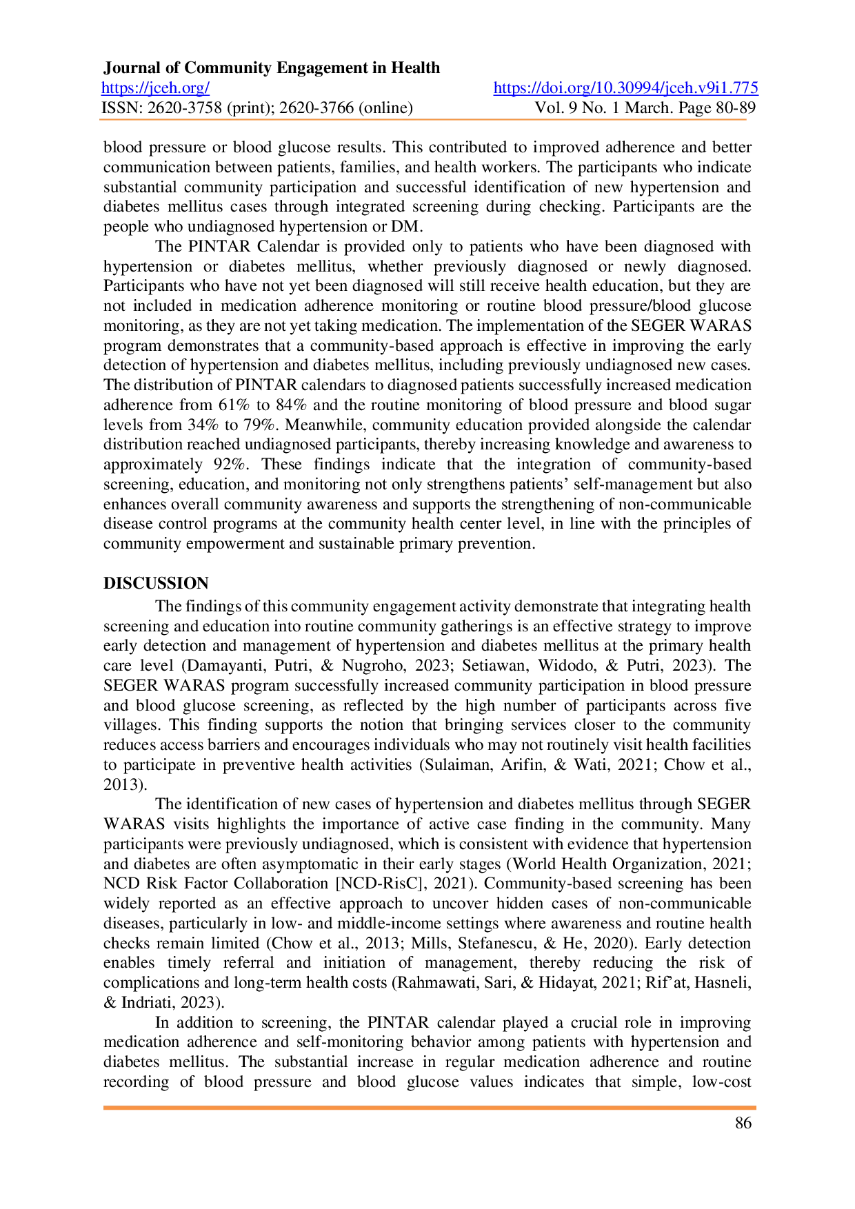JURIS Efforts To Control Hypertension and Diabetes Mellitus Through SEGER WARAS Community Visits and the PINTAR Calendar in Nguter District