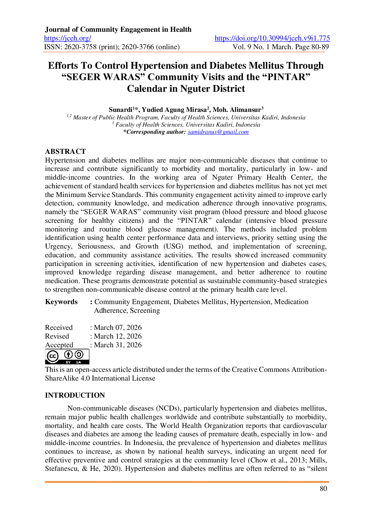 JURIS Efforts To Control Hypertension and Diabetes Mellitus Through SEGER WARAS Community Visits and the PINTAR Calendar in Nguter District