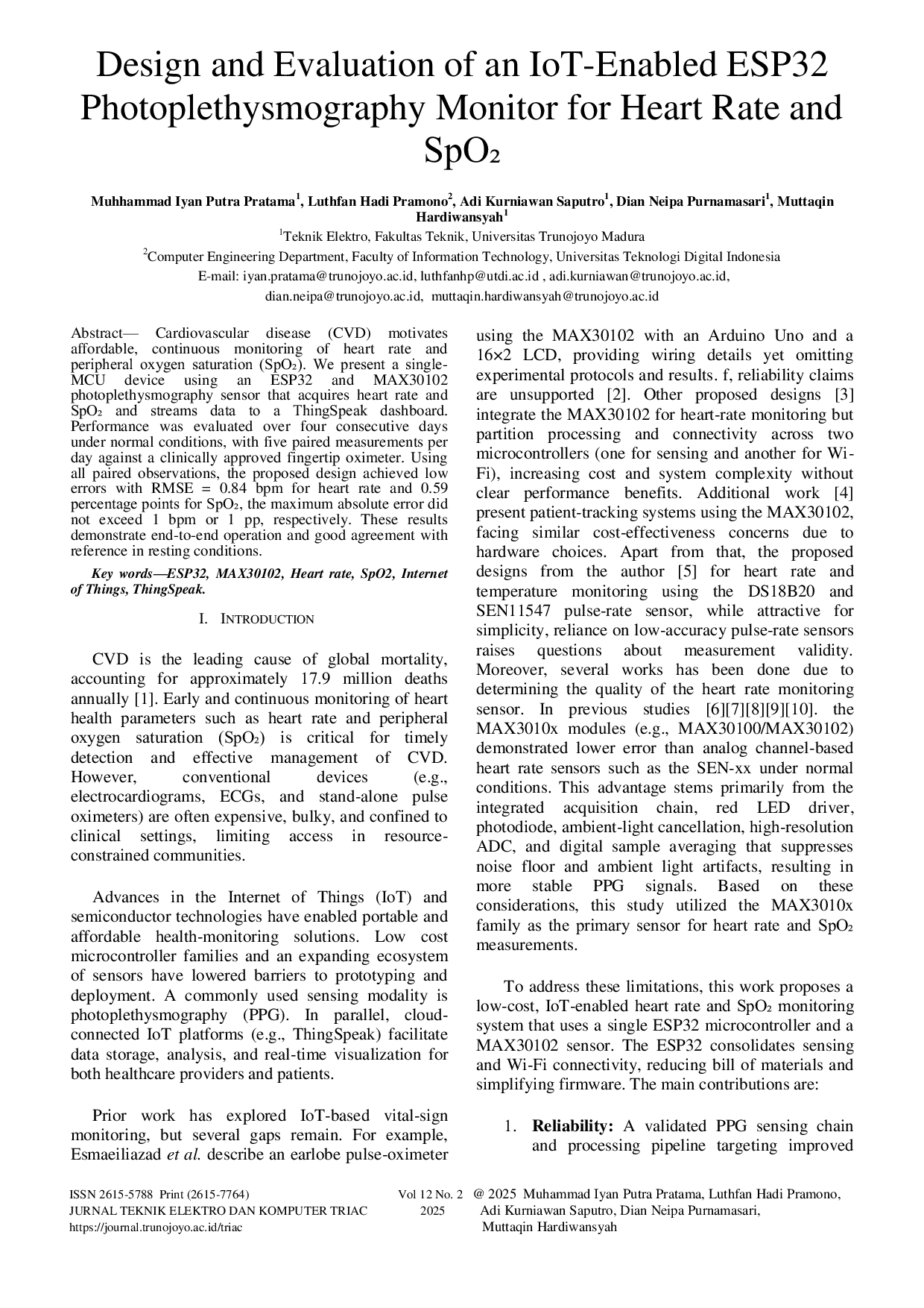 JURIS Design and Evaluation of an IoT Enabled ESP32 Photoplethysmography Monitor for Heart Rate and SpOCC