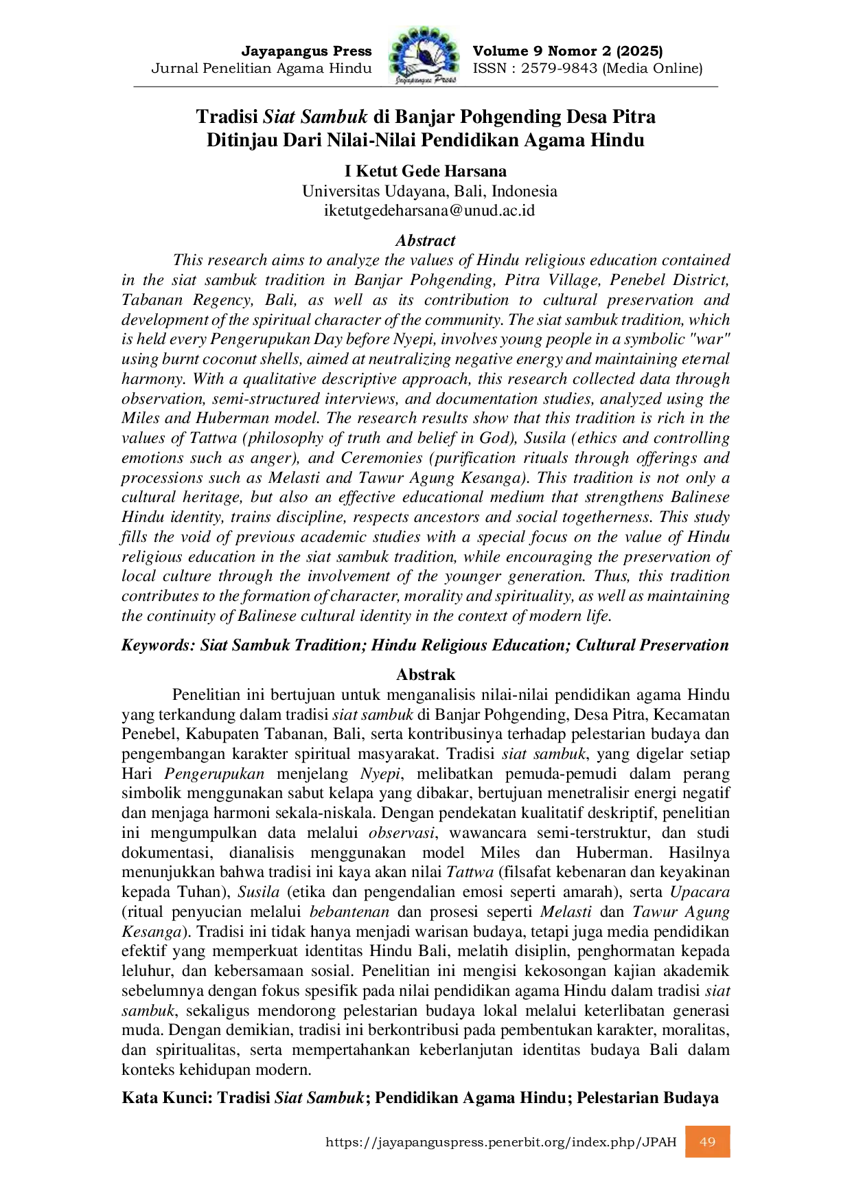 JURIS Tradisi Siat Sambuk di Banjar Pohgending Desa Pitra Ditinjau Dari Nilai Nilai Pendidikan Agama Hindu