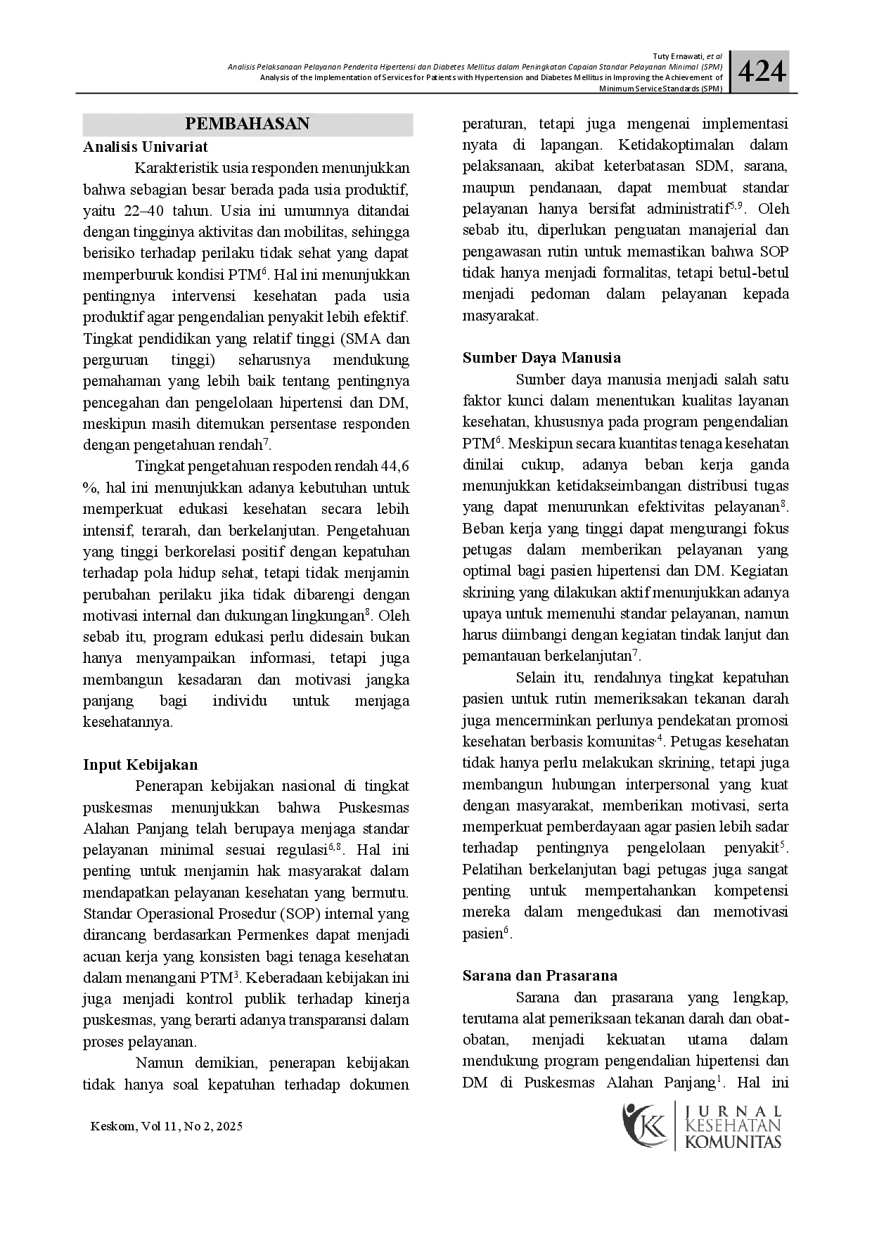 juris Analisis Pelaksanaan Pelayanan Penderita Hipertensi dan Diabetes Mellitus dalam Peningkatan Capaian Standar Pelayanan Minimal