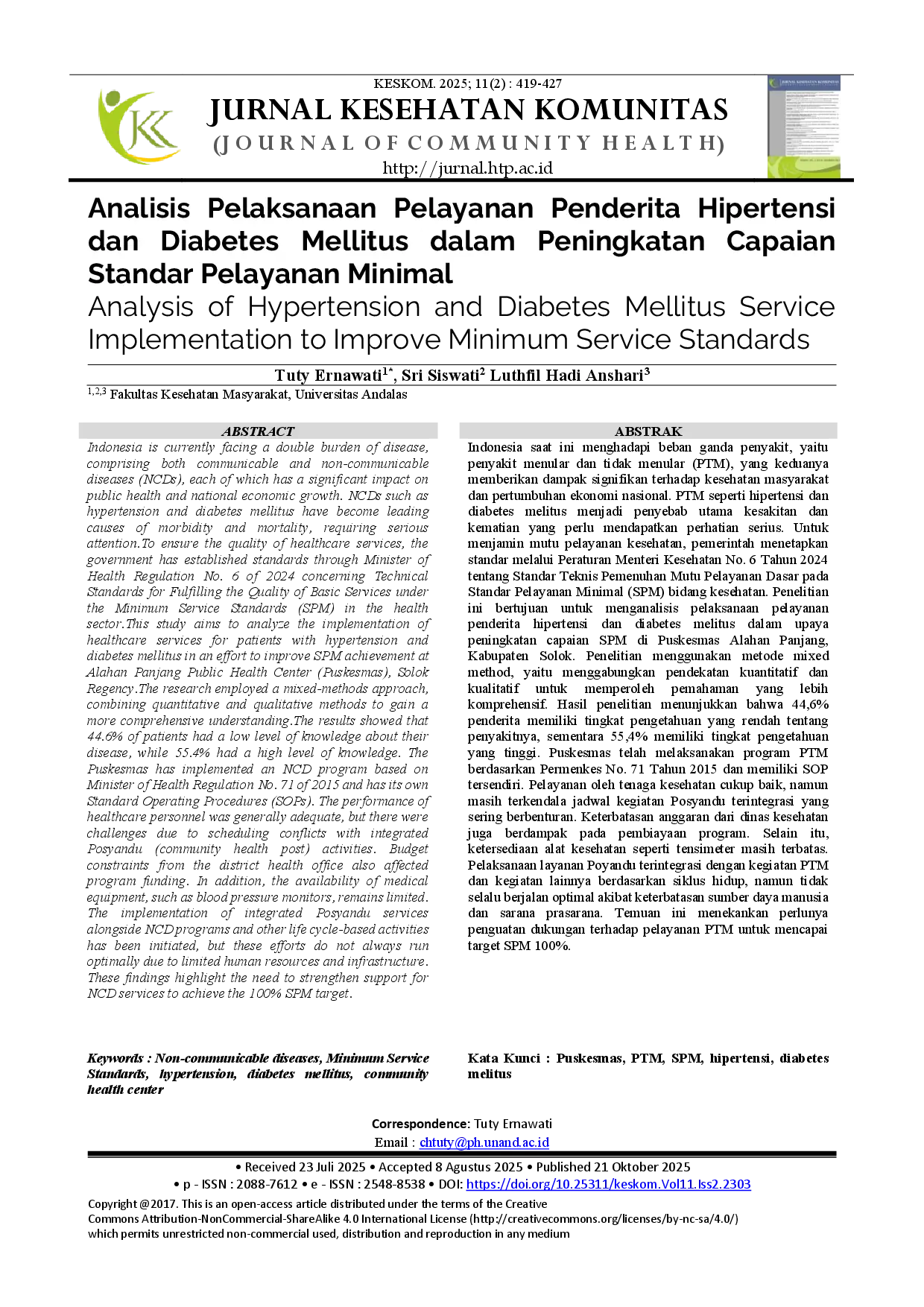 juris Analisis Pelaksanaan Pelayanan Penderita Hipertensi dan Diabetes Mellitus dalam Peningkatan Capaian Standar Pelayanan Minimal