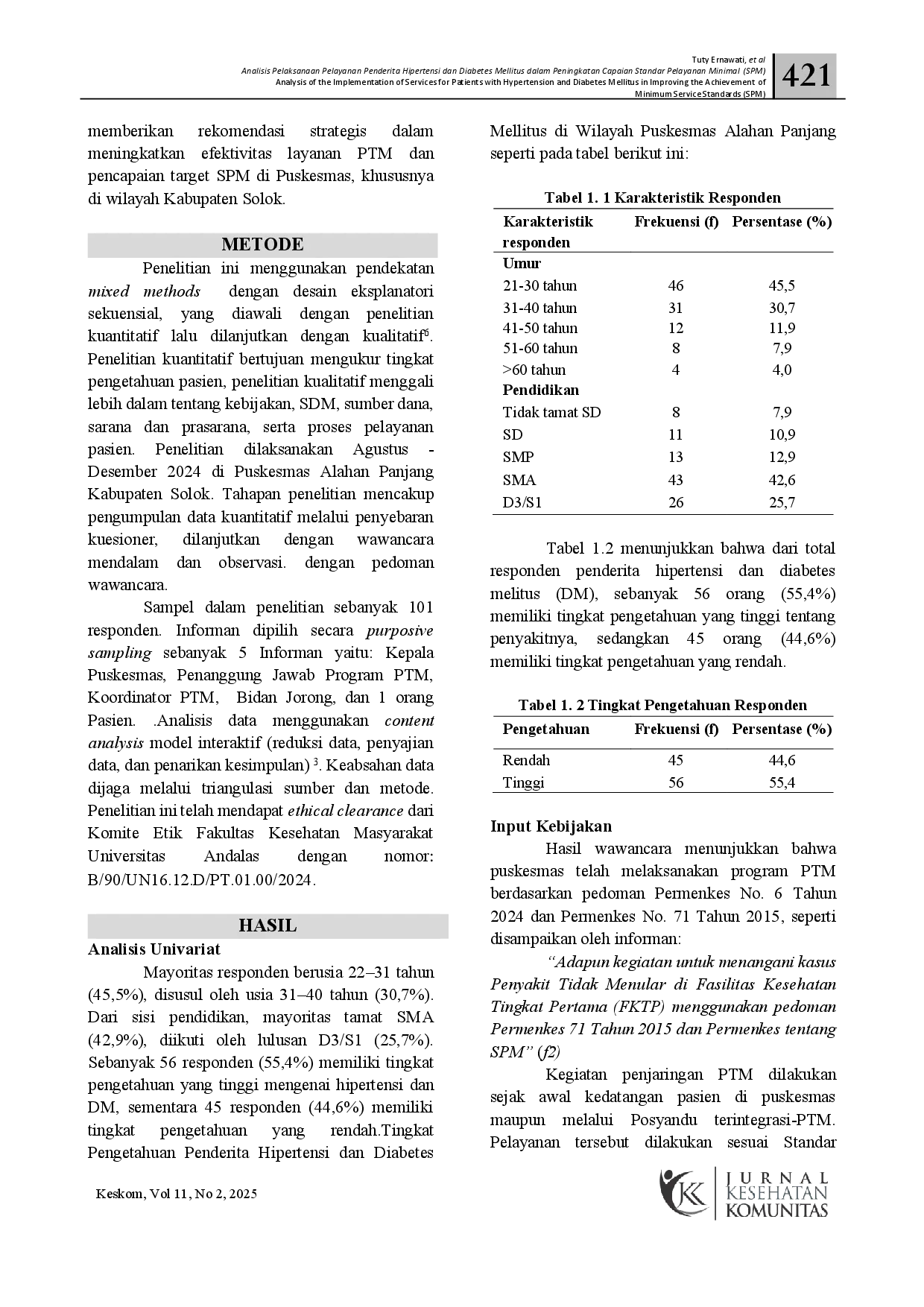 juris Analisis Pelaksanaan Pelayanan Penderita Hipertensi dan Diabetes Mellitus dalam Peningkatan Capaian Standar Pelayanan Minimal