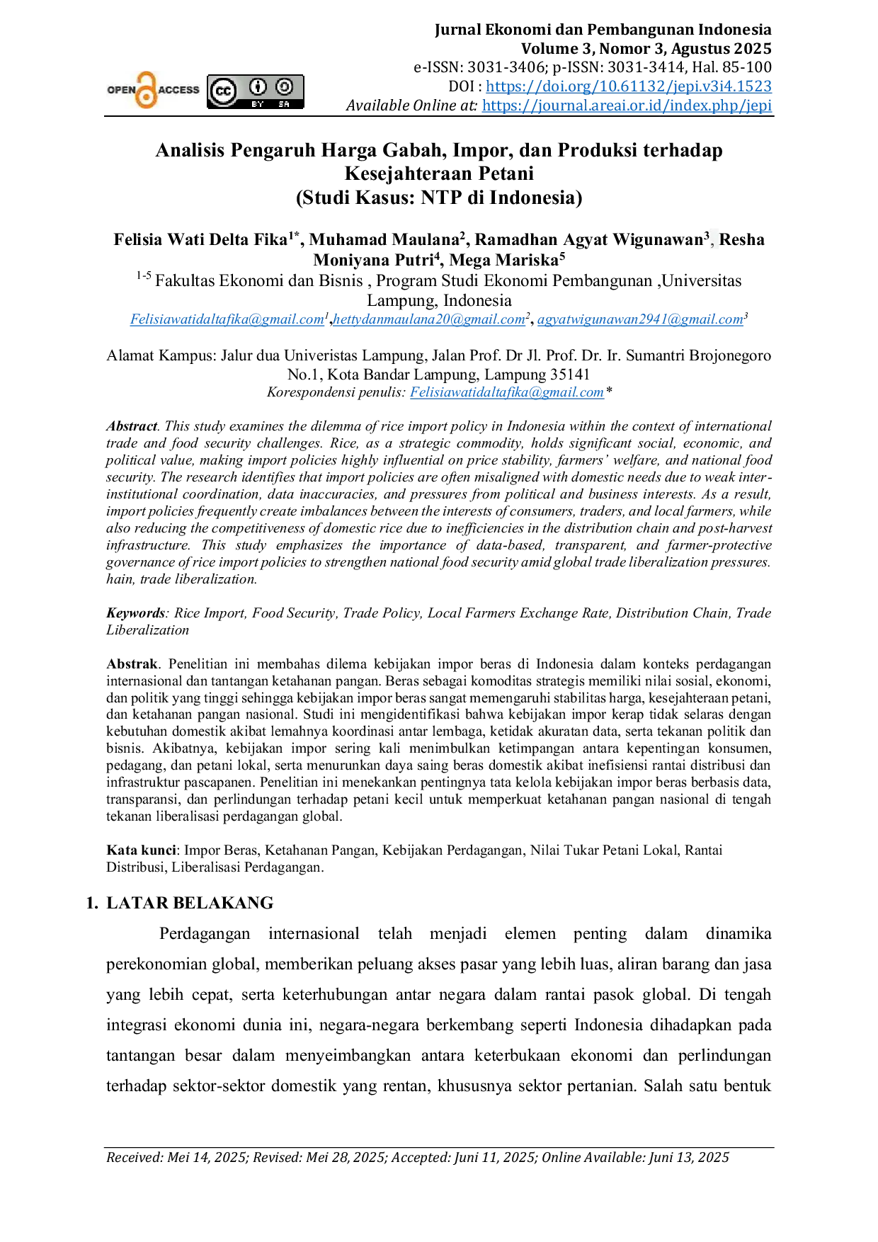 JURIS Analisis Pengaruh Harga Gabah Impor dan Produksi terhadap Kesejahteraan Petani Studi Kasus NTP di Indonesia