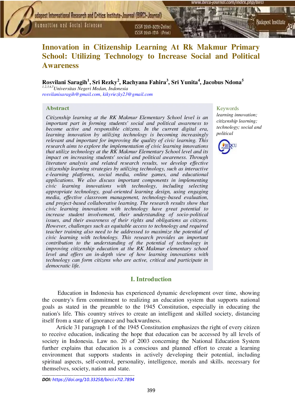 juris Innovation in Citizenship Learning At Rk Makmur Primary School Utilizing Technology to Increase Social and Political Awareness