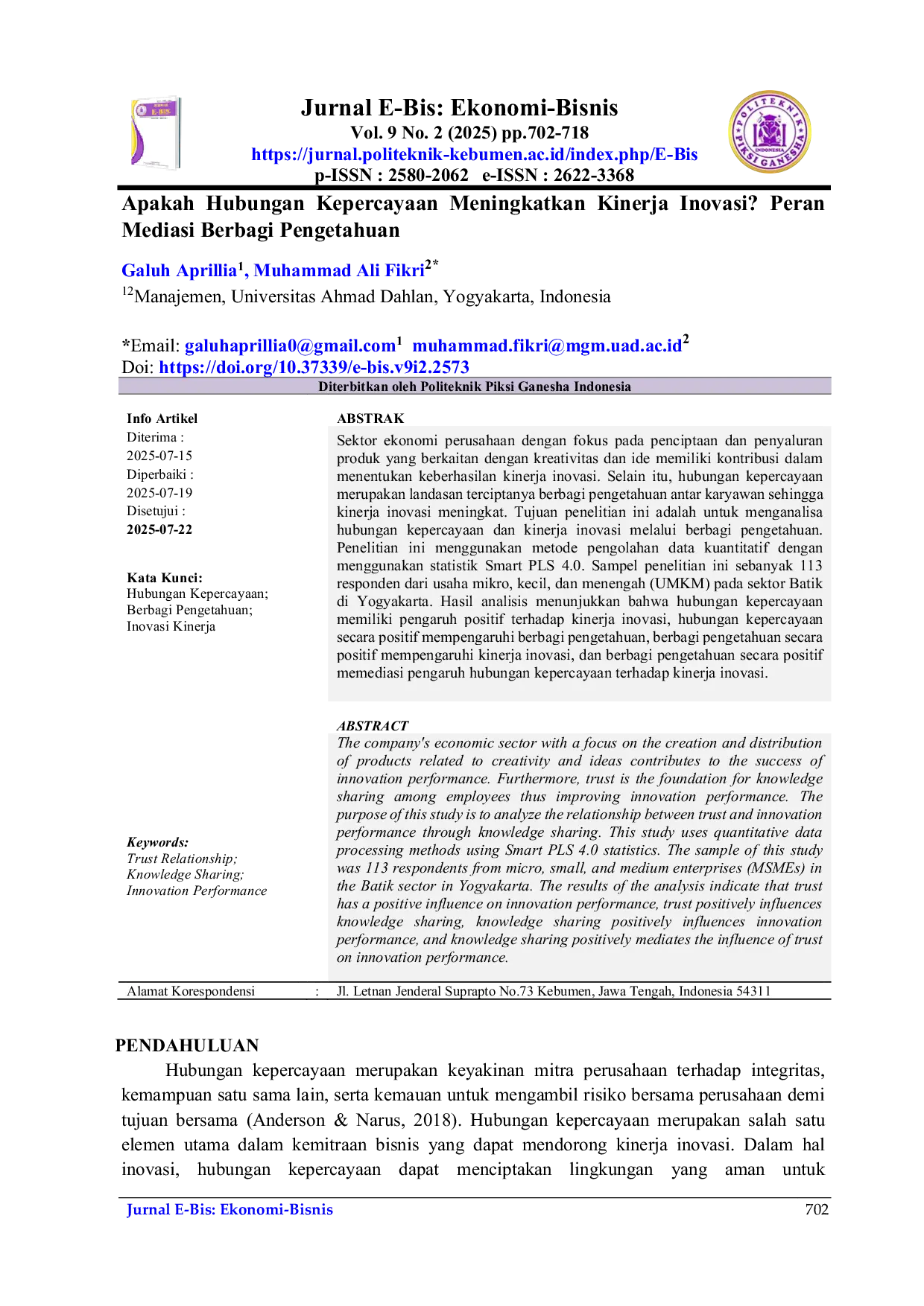 JURIS Apakah Hubungan Kepercayaan Meningkatkan Kinerja Inovasi Peran Mediasi Berbagi Pengetahuan
