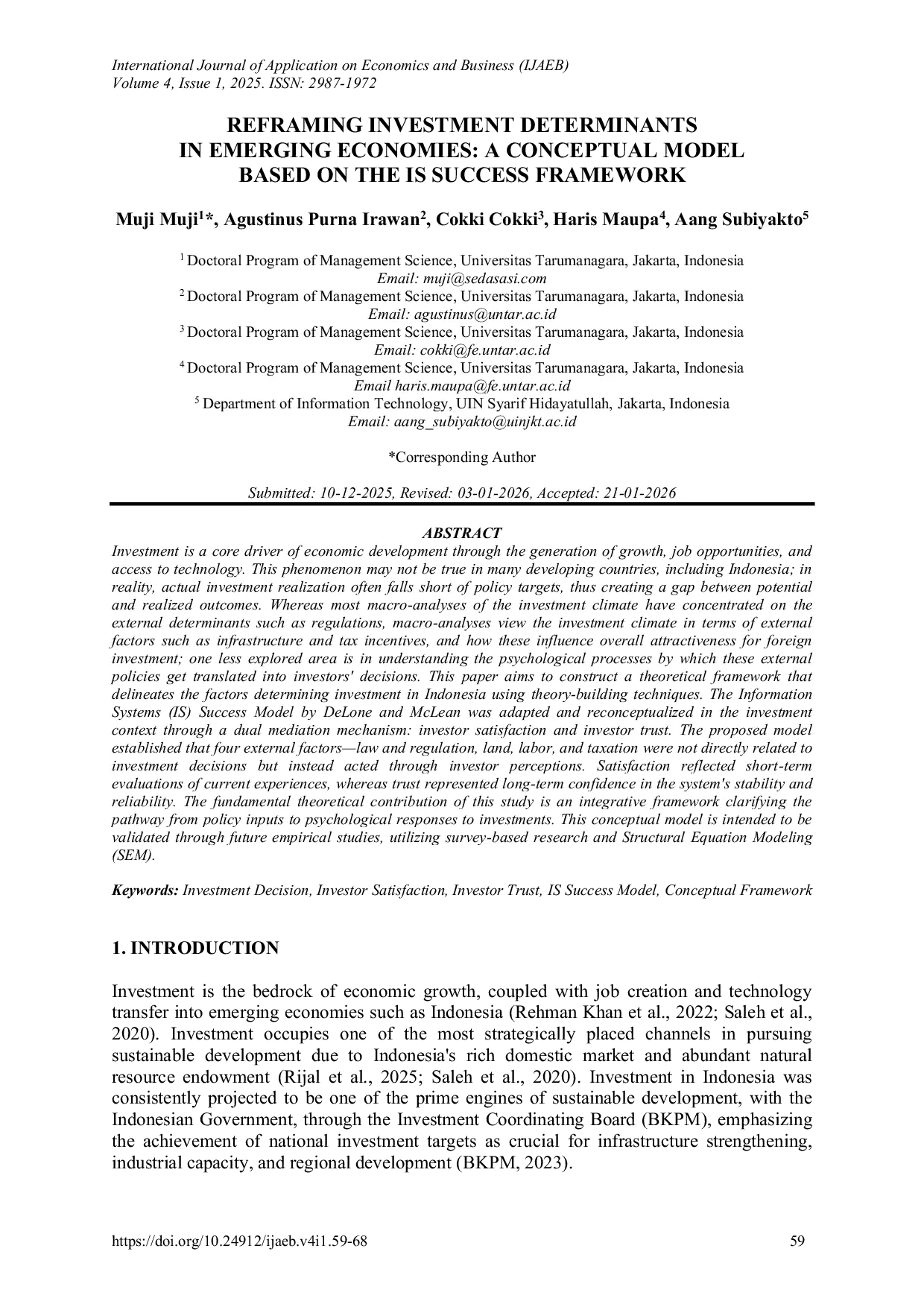 JURIS Reframing Investment Determinants in Emerging Economies A Conceptual Model Based on the IS Success Framework