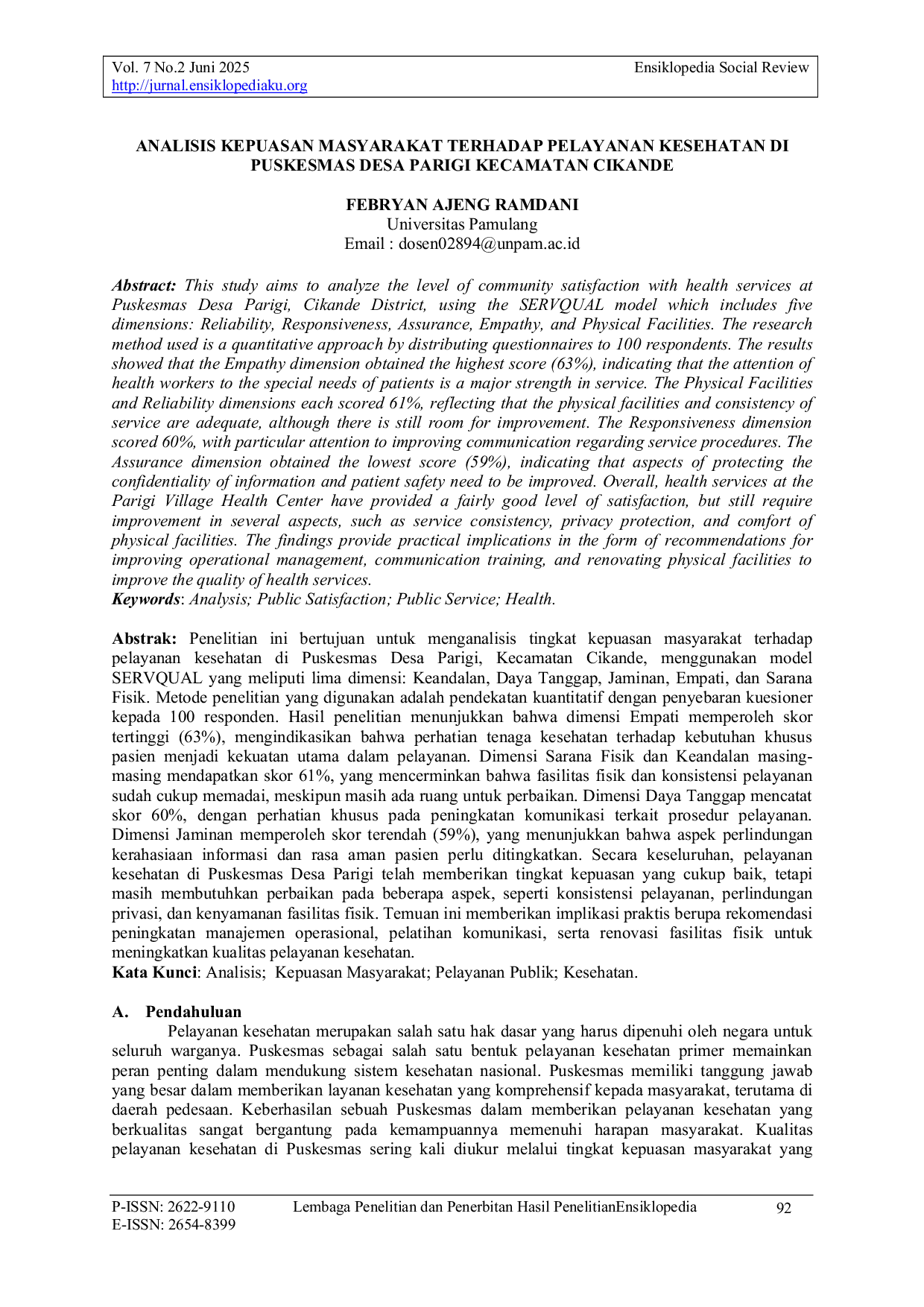 JURIS Analisis Kepuasan Masyarakat Terhadap Pelayanan Kesehatan di Puskesmas Desa Parigi Kecamatan Cikande