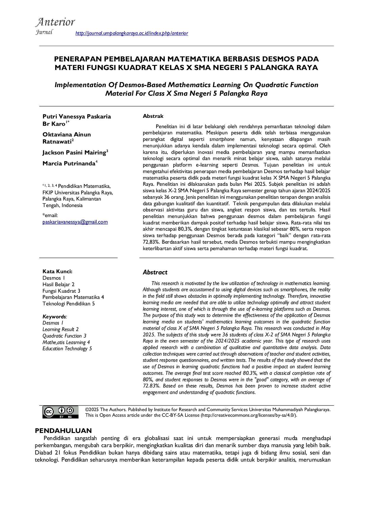 JURIS Penerapan Pembelajaran Matematika Berbasis Desmos pada Materi Fungsi Kuadrat Kelas X SMA Negeri 5 Palangka Raya