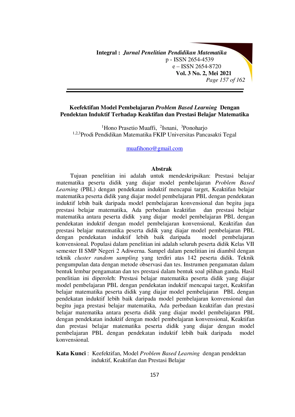 JURIS Keefektifan Model Pembelajaran Problem Based Learning dengan Pendekatan Induktif Terhadap Keaktifan dan Prestasi Belajar Matematika