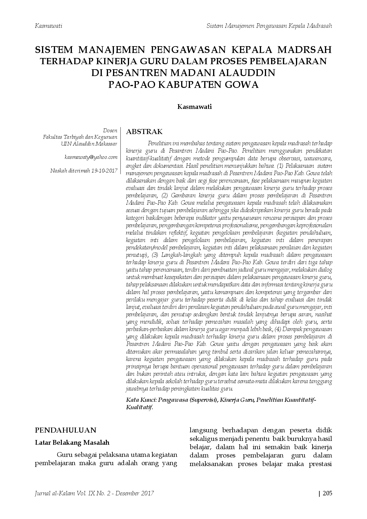 juris Sistem Manajemen Pengawasan Kepala Madrasah Terhadap Kinerja Guru dalam Proses Pembelajaran di Pesantren Madani Alauddin Pao Pao Kabupaten Gowa