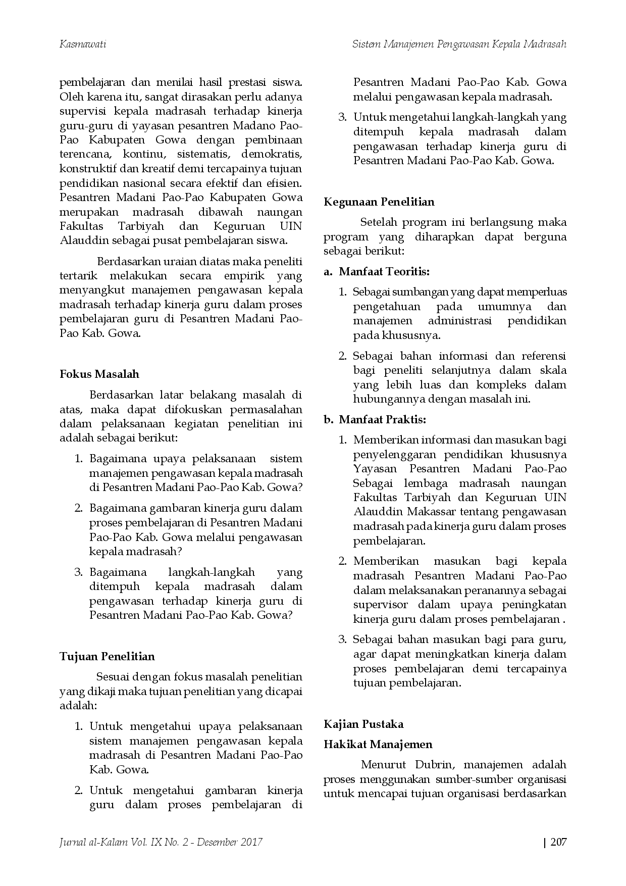 juris Sistem Manajemen Pengawasan Kepala Madrasah Terhadap Kinerja Guru dalam Proses Pembelajaran di Pesantren Madani Alauddin Pao Pao Kabupaten Gowa