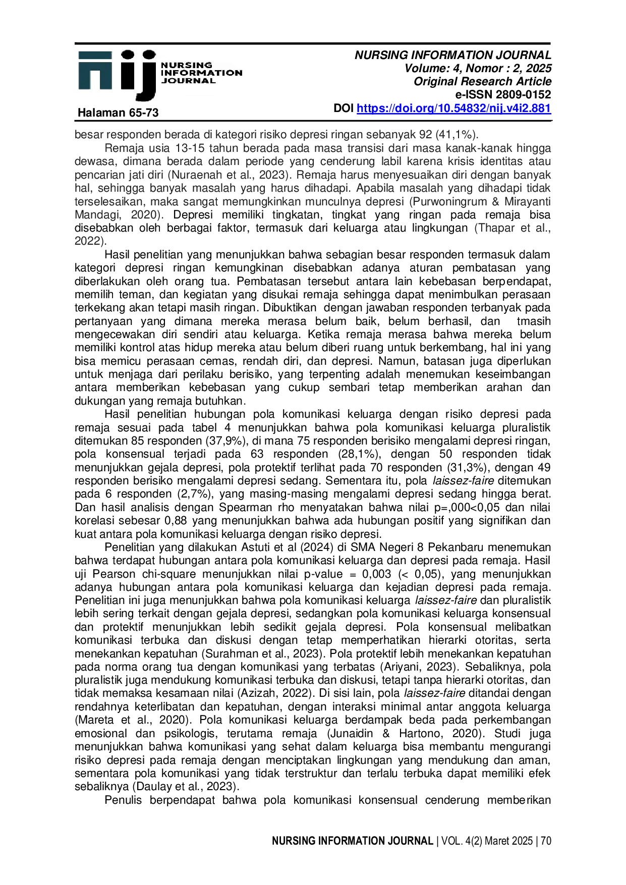 JURIS Hubungan Pola Komunikasi Keluarga dengan Risiko Depresi berdasarkan Screening Depresi PHQ 9 pada Remaja