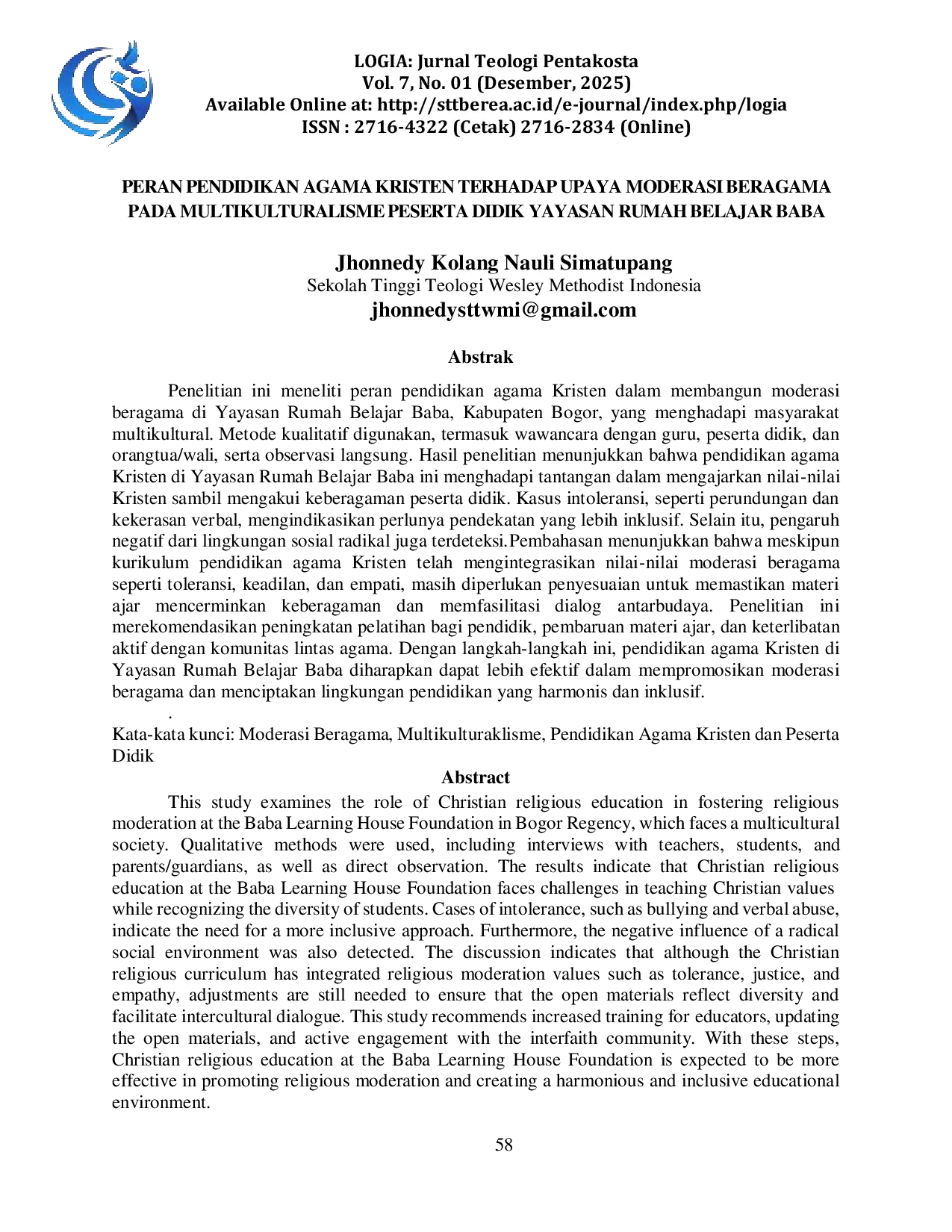 JURIS Peran Pendidikan Agama Kristen Terhadap Upaya Moderasi Beragama Pada Multikulturalisme Peserta Didik Yayasan Rumah Belajar Baba