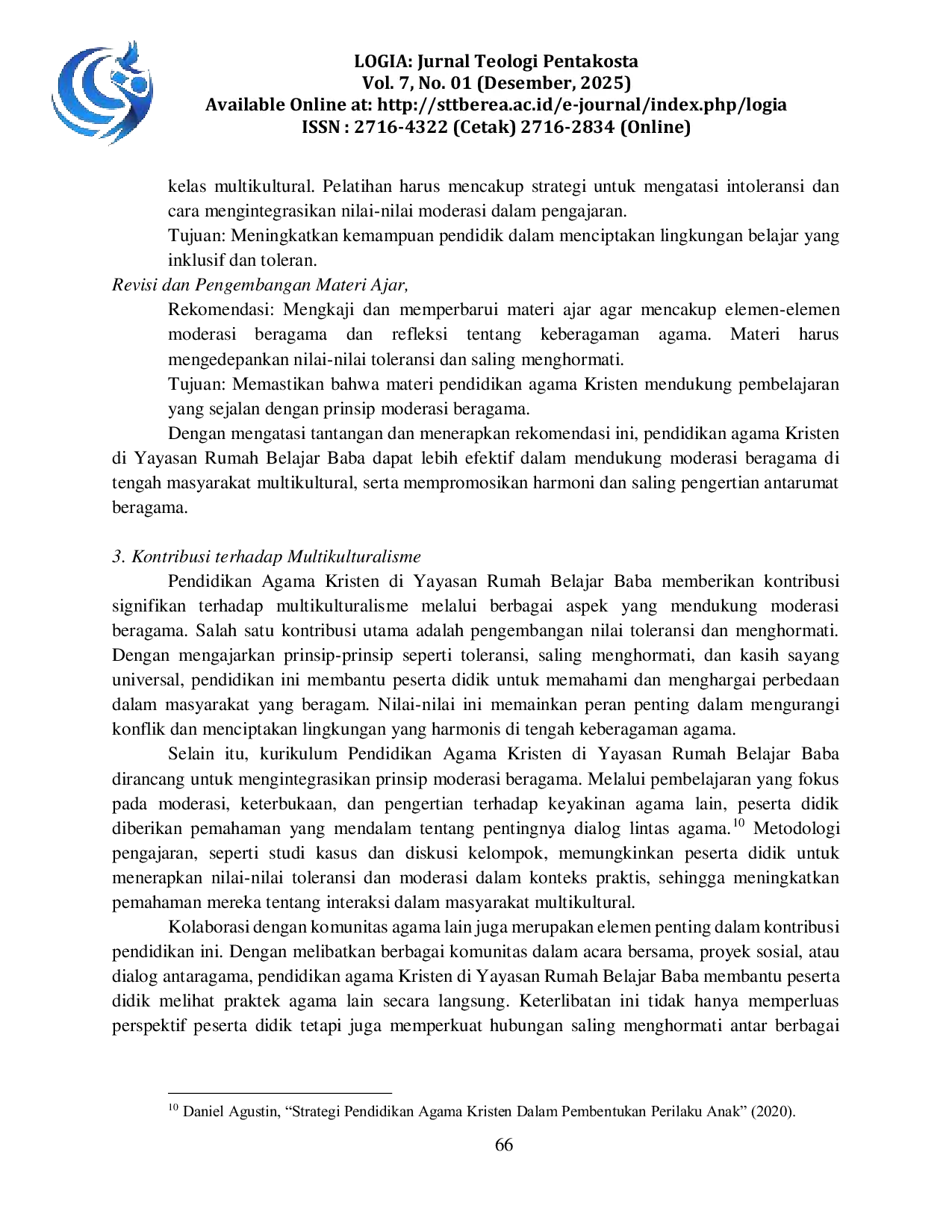 JURIS Peran Pendidikan Agama Kristen Terhadap Upaya Moderasi Beragama Pada Multikulturalisme Peserta Didik Yayasan Rumah Belajar Baba