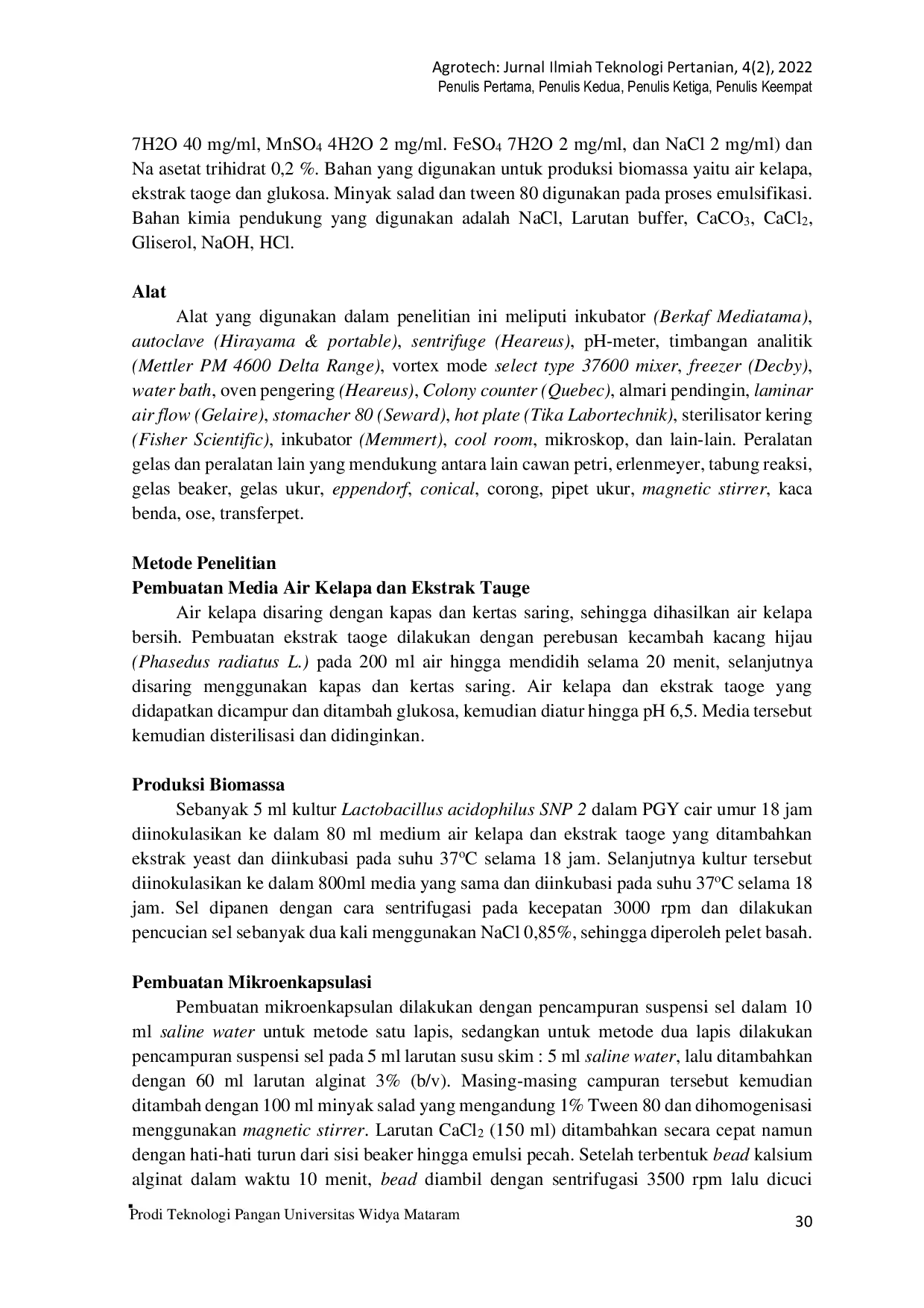 JURIS Enkapsulasi Lactobacillus acidophilus SNP 2 Menggunakan Alginat dan Susu Skim Metode Emulsi Serta Pengaruhnya Terhadap Viabilitas Sel Pada Berbagai Suhu dan pH