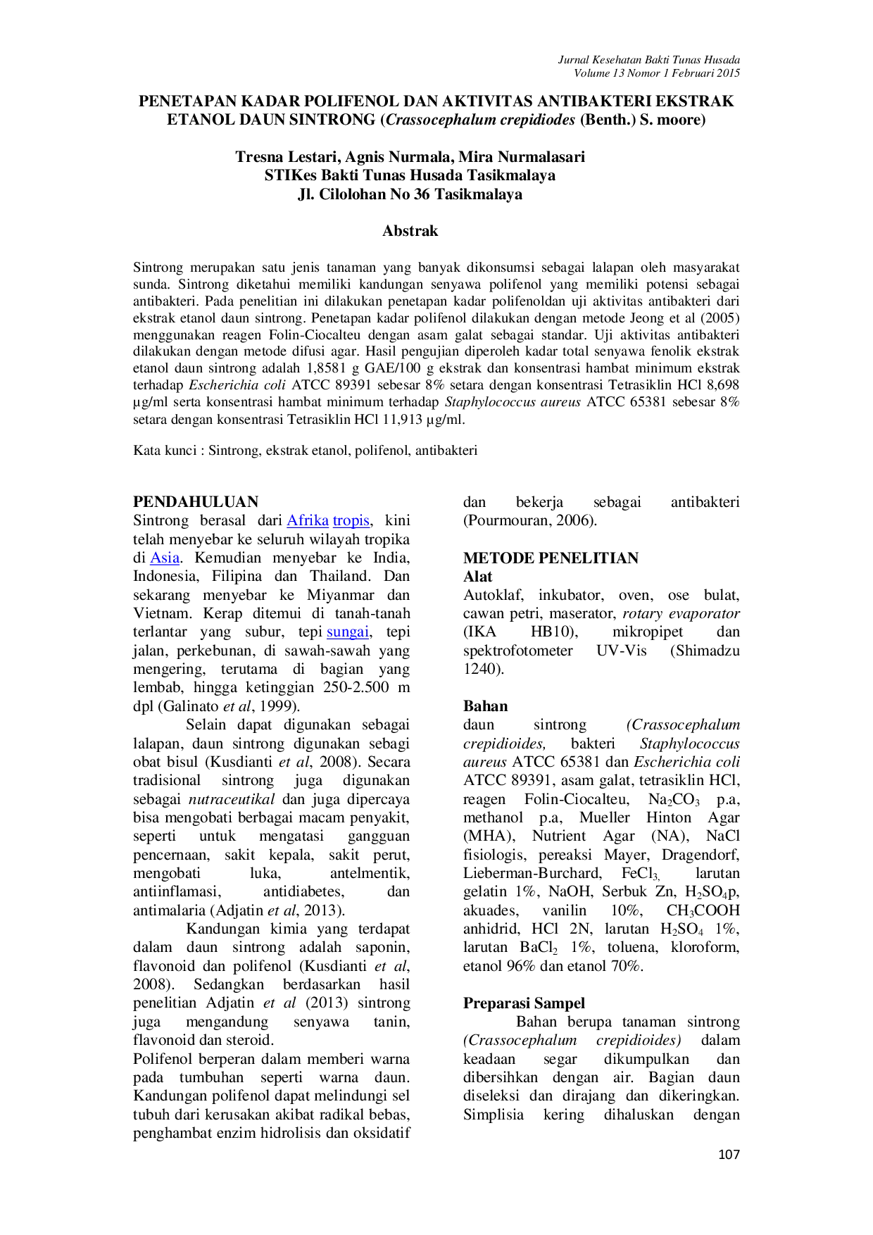 JURIS PENETAPAN KADAR POLIFENOL DAN AKTIVITAS ANTIBAKTERI EKSTRAK ETANOL DAUN SINTRONG Crassocephalum crepidiodes Benth S moore