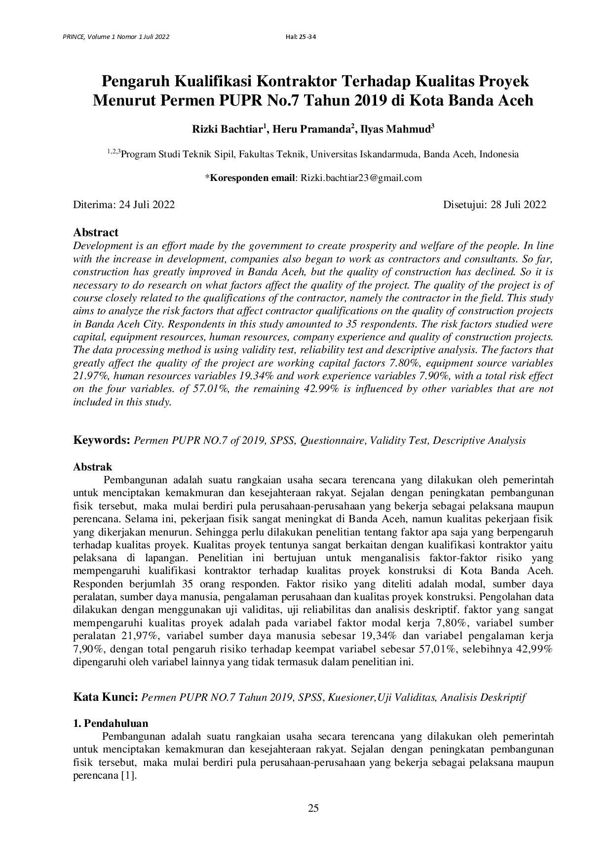 juris Pengaruh Kualifikasi Kontraktor Terhadap Kualitas Proyek Menurut Permen PUPR No 7 Tahun 2019 Di Kota Banda Aceh
