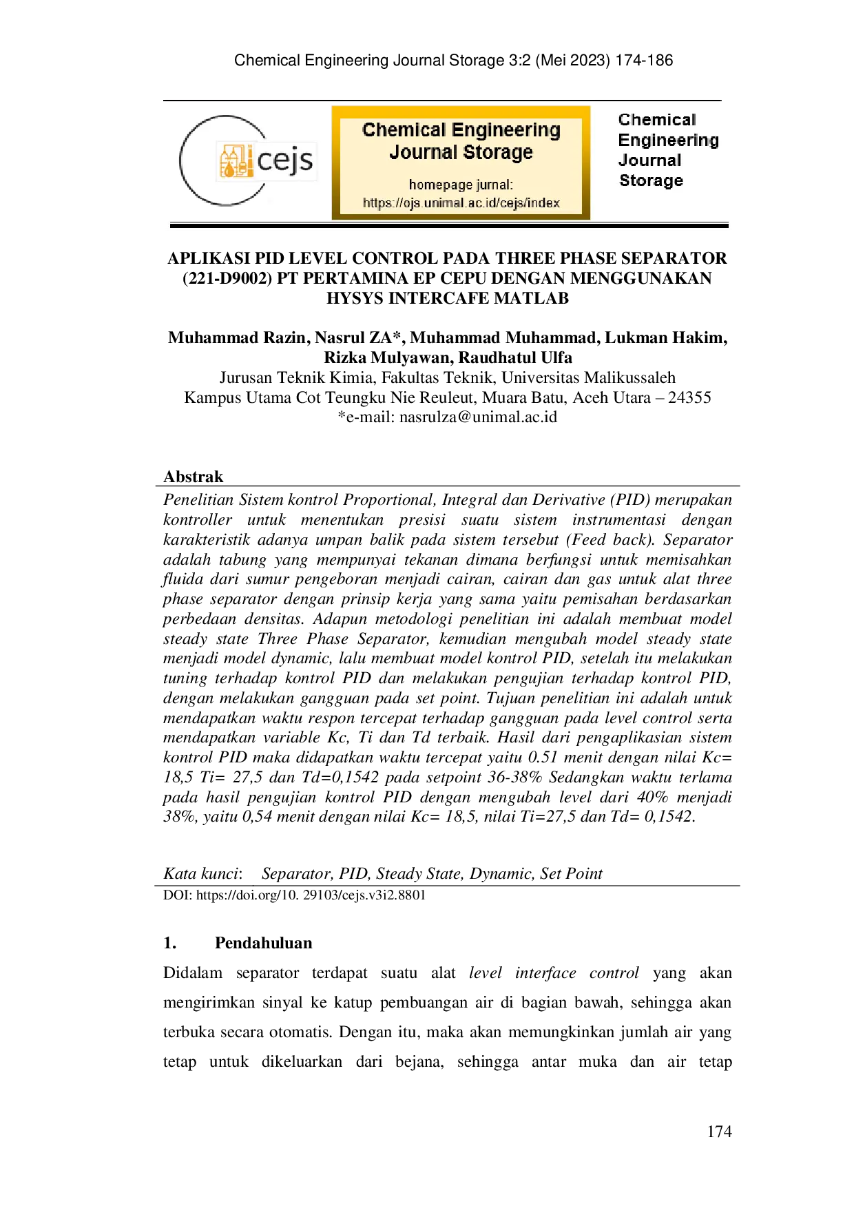 JURIS Aplikasi Pid Level Control Pada Three Phase Separator 221 D9002 Pt Pertamina Ep Cepu Dengan Menggunakan Hysys Intercafe Matlab