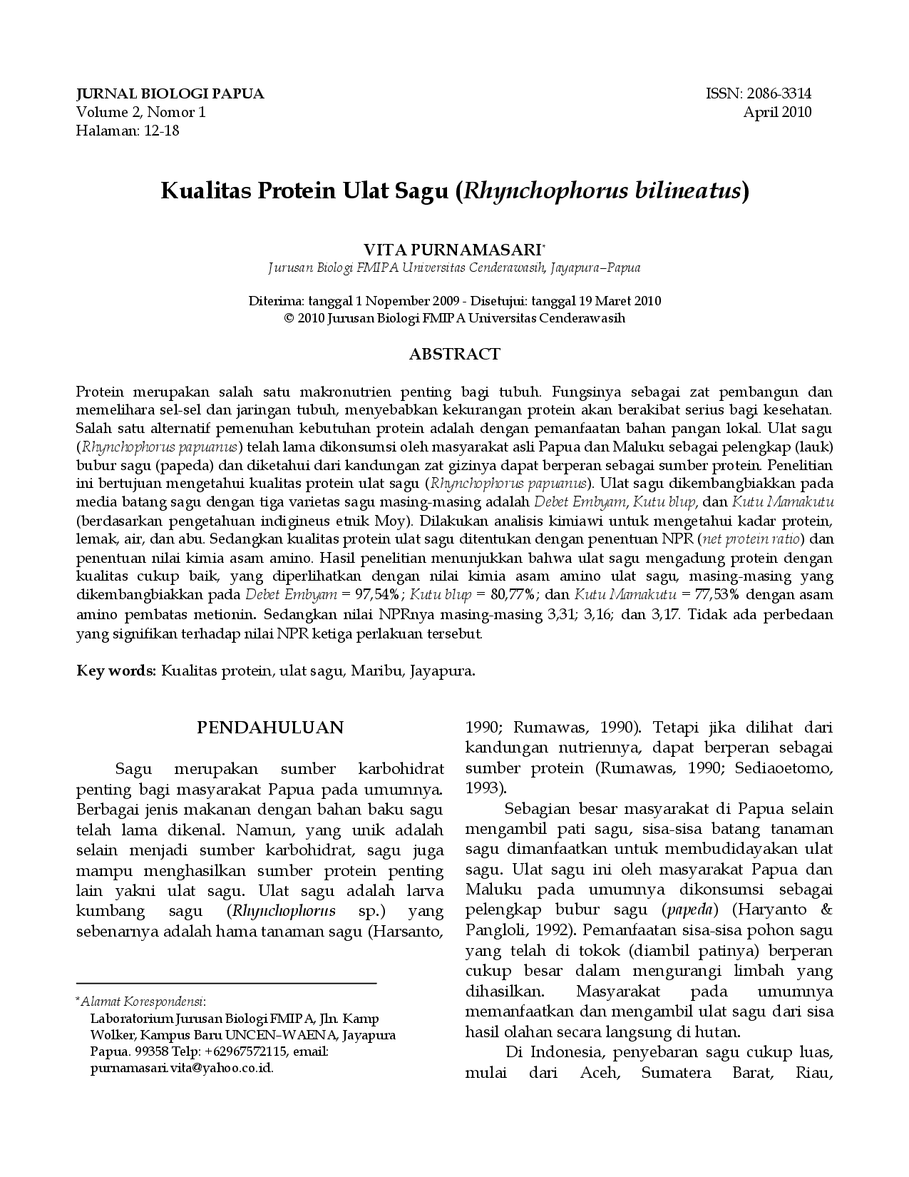 juris Kualitas Protein Ulat Sagu Rhynchophorus bilineatus