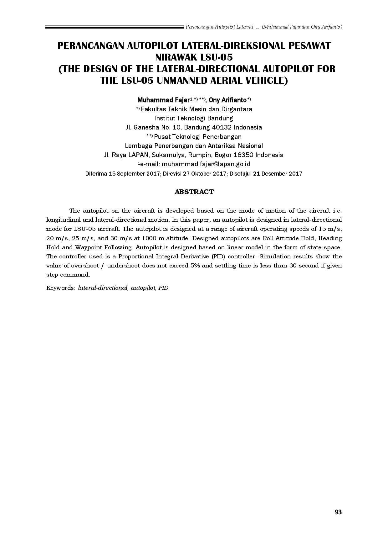 juris Perancangan Autopilot Lateral Direksional Pesawat Nirawak LSU 05