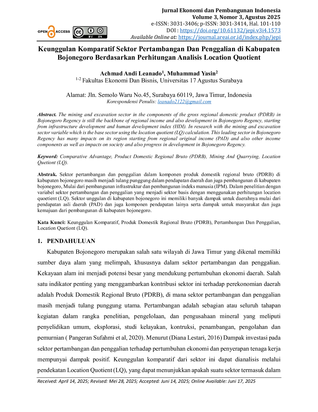 JURIS Keunggulan Komparatif Sektor Pertambangan Dan Penggalian di Kabupaten Bojonegoro Berdasarkan Perhitungan Analisis Location Quotient