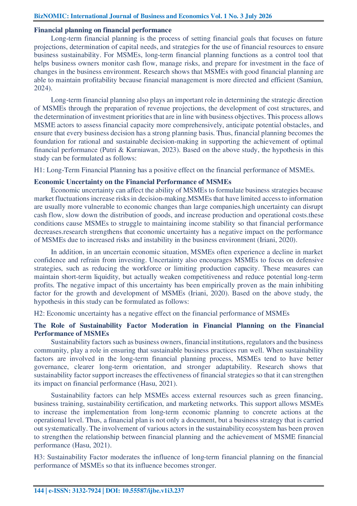 JURIS The Effect of Long Term Financial Planning and Economic Uncertainty on The Financial Performance of Msmes With the Sustainability Factor as a Moderating Variable