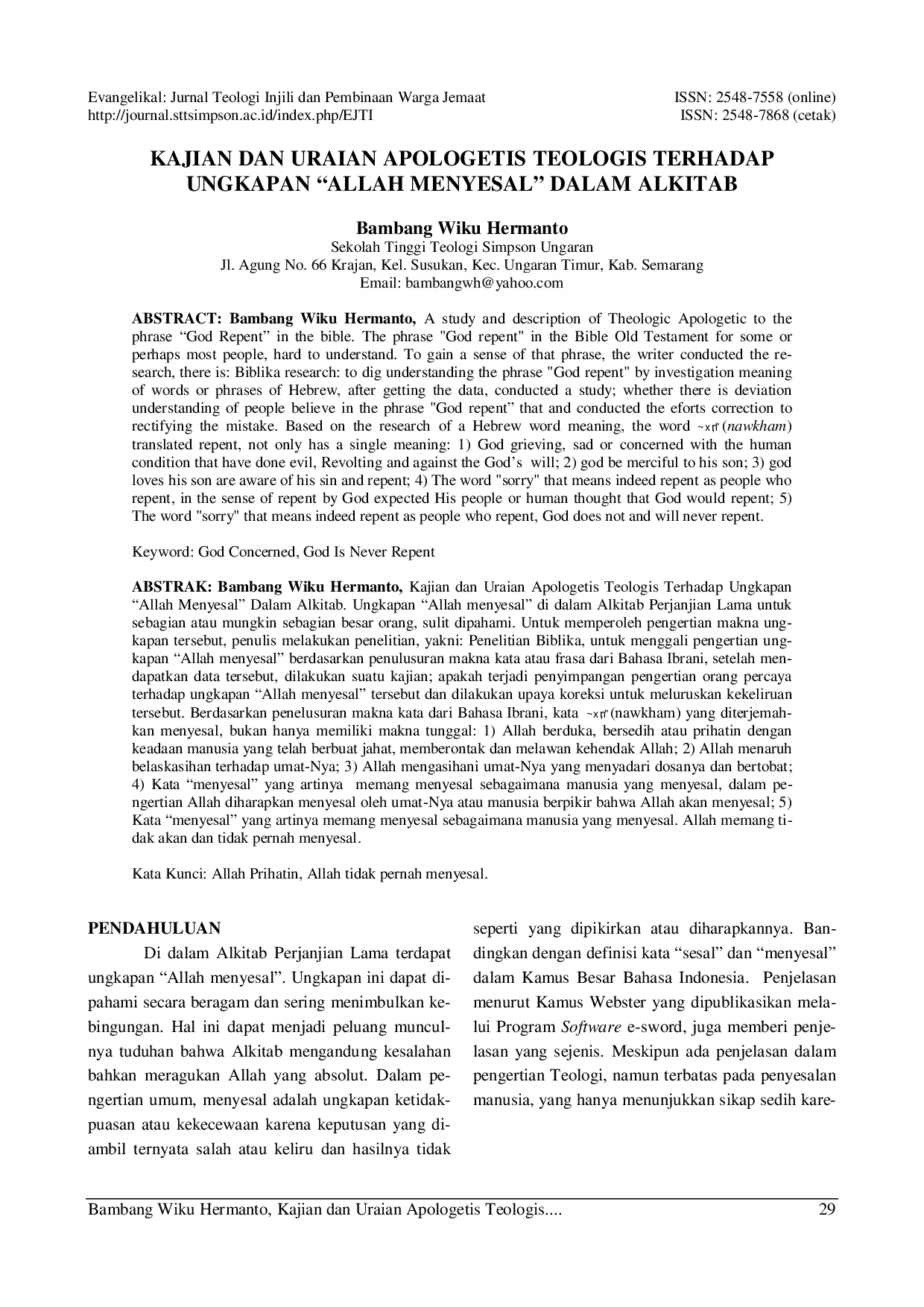 juris Kajian Dan Uraian Apologetis Teologis Terhadap Ungkapan Allah Menyesal Dalam Alkitab