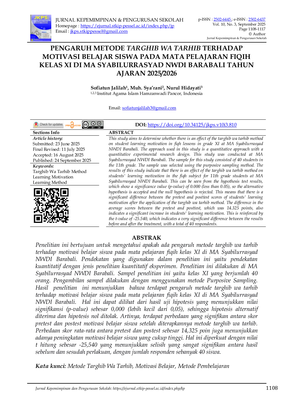 JURIS Pengaruh Metode Targhib Wa Tarhib Terhadap Motivasi Belajar Siswa Pada Mata Pelajaran Fiqih Kelas XI Di MA Syabilurrasyad NWDI Barabali Tahun Ajaran 2025 2026