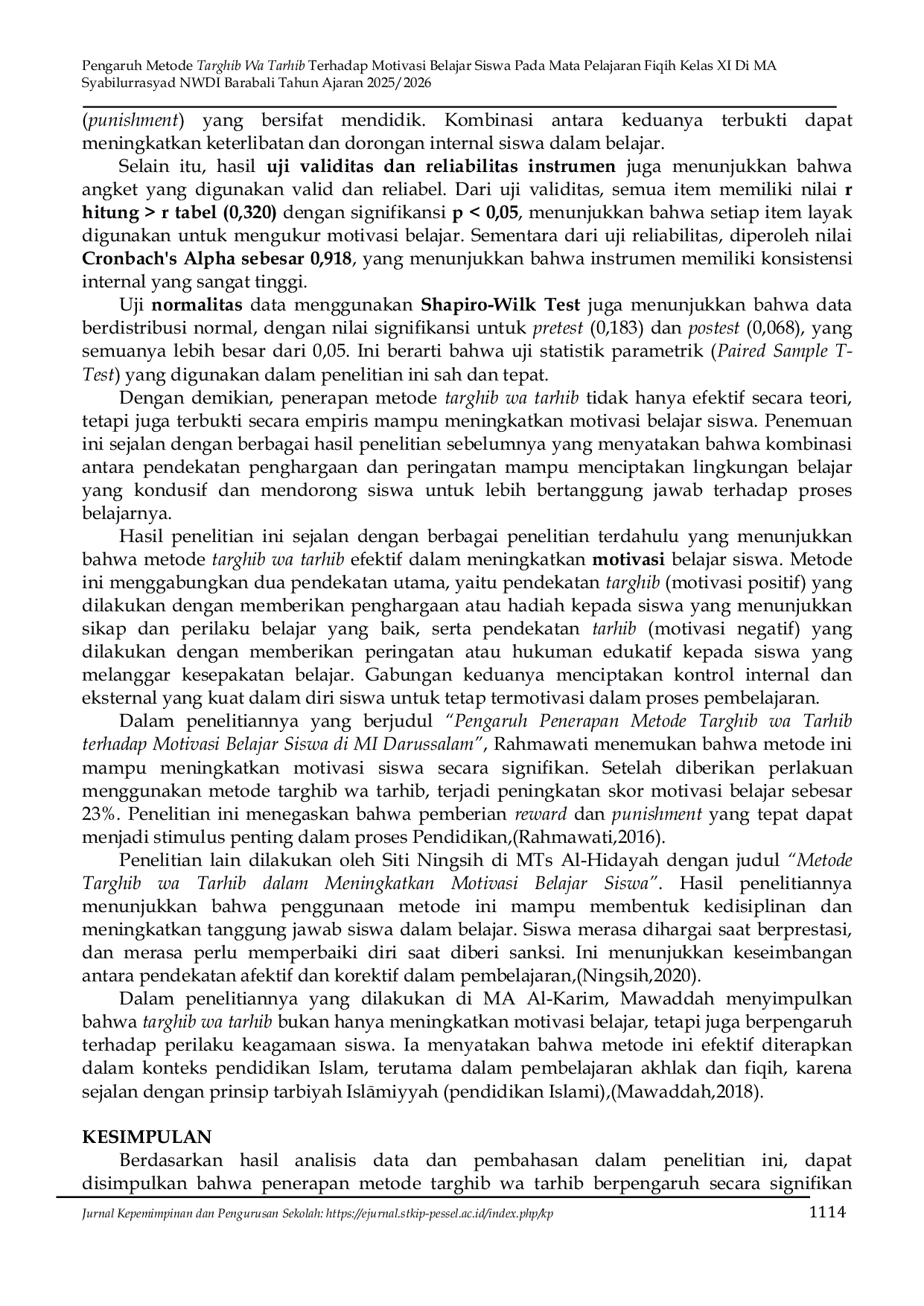 JURIS Pengaruh Metode Targhib Wa Tarhib Terhadap Motivasi Belajar Siswa Pada Mata Pelajaran Fiqih Kelas XI Di MA Syabilurrasyad NWDI Barabali Tahun Ajaran 2025 2026