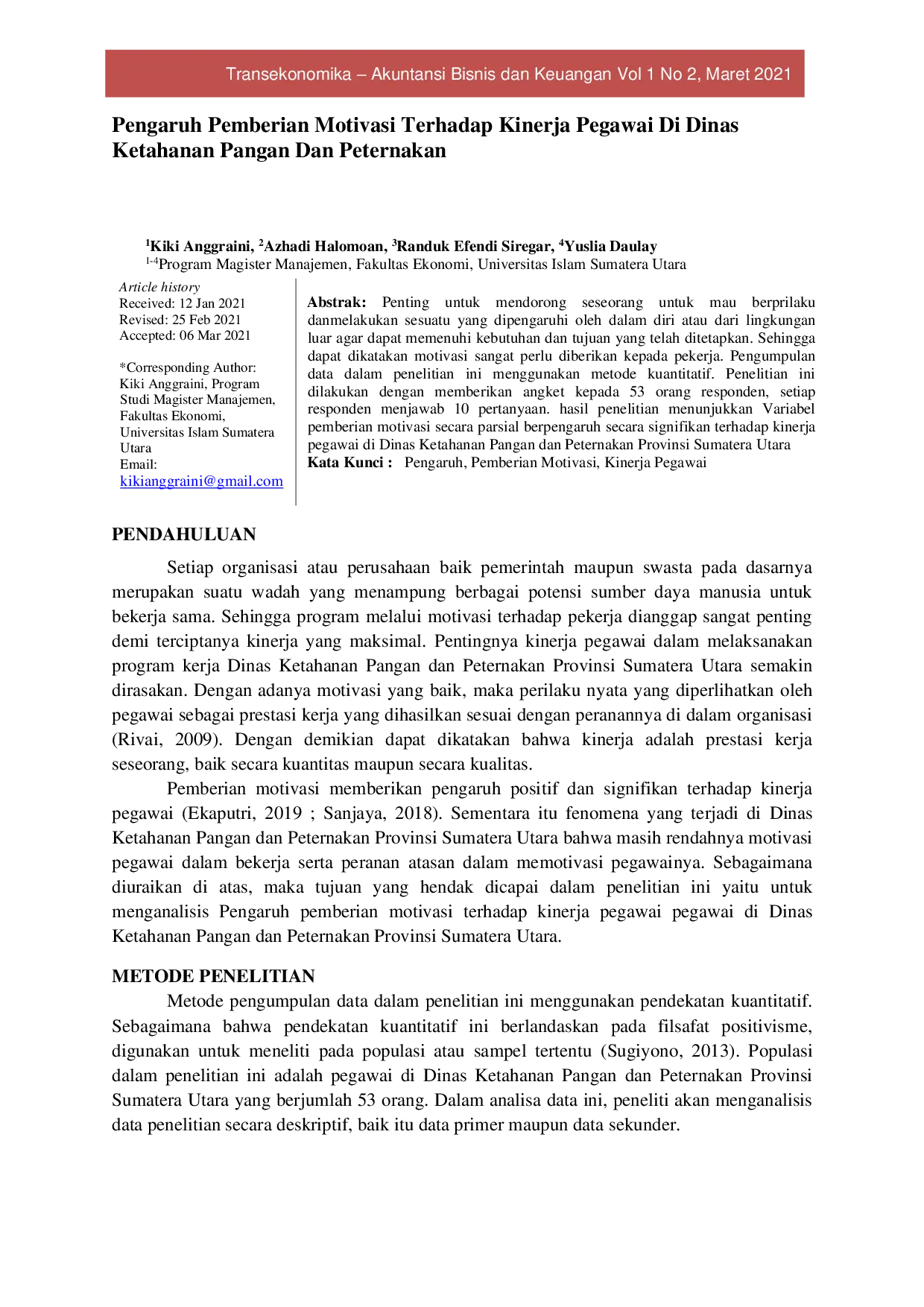 JURIS Pengaruh Pemberian Motivasi Terhadap Kinerja Pegawai Di Dinas Ketahanan Pangan Dan Peternakan