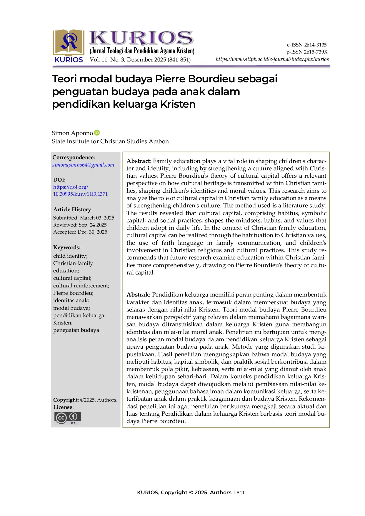 JURIS Teori modal budaya Pierre Bourdieu sebagai penguatan budaya pada anak dalam pendidikan keluarga Kristen