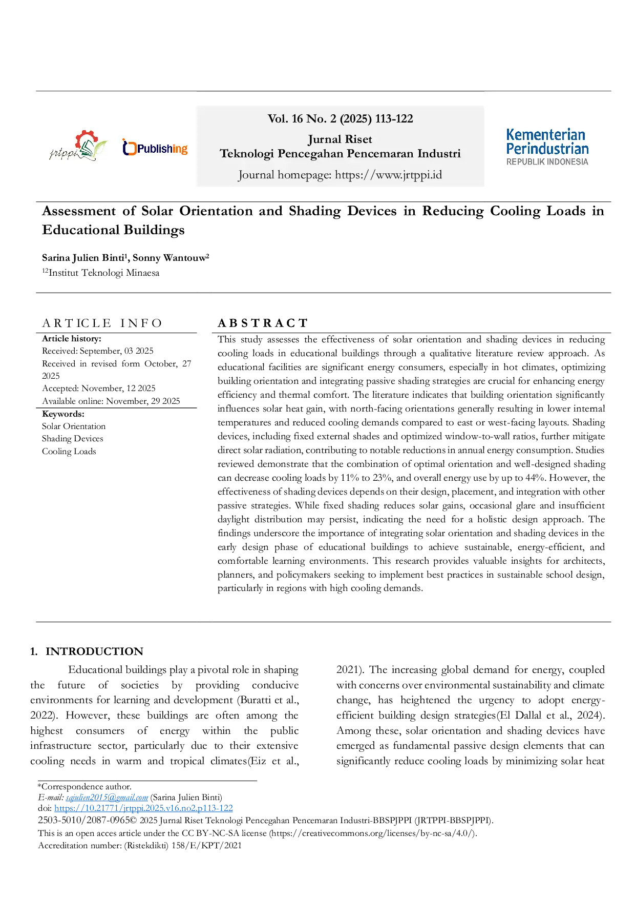 JURIS Assessment of Solar Orientation and Shading Devices in Reducing Cooling Loads in Educational Buildings