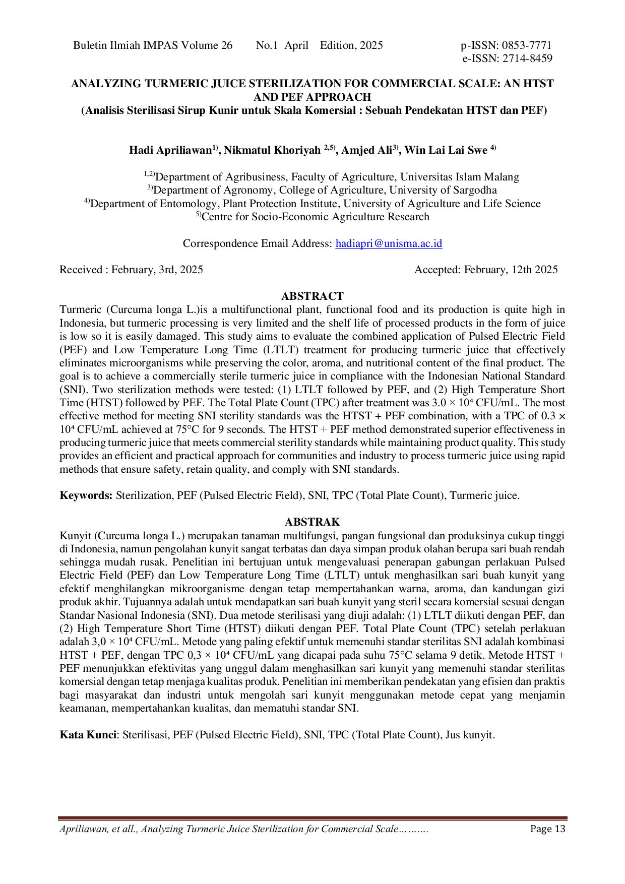 JURIS Analisis Sterilisasi Jus Kunyit Skala Komersil Pendekatan HTST dan PEF