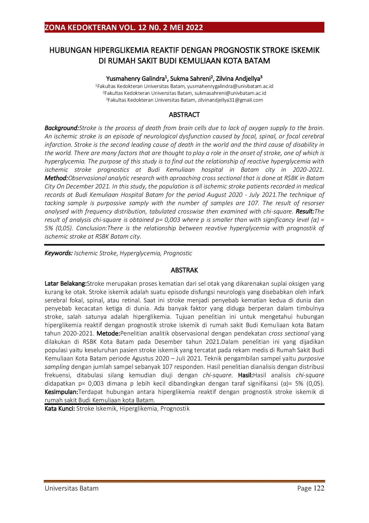 JURIS Hubungan Hiperglikemia Reaktif dengan Prognostik Stroke Iskemik di Rumah Sakit Budi Kemuliaan Kota Batam