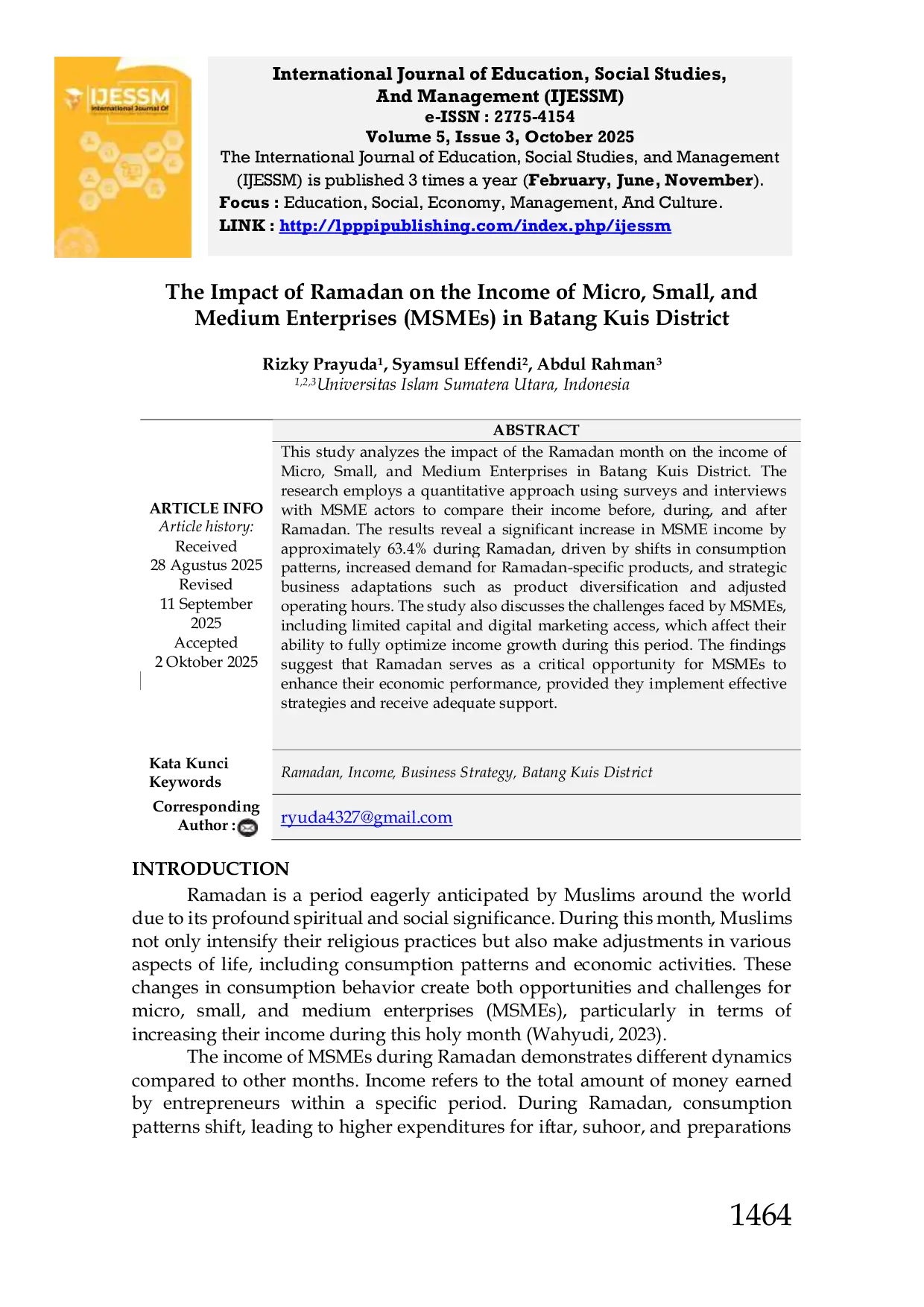 JURIS The Impact of Ramadan on the Income of Micro Small and Medium Enterprises MSMEs in Batang Kuis District