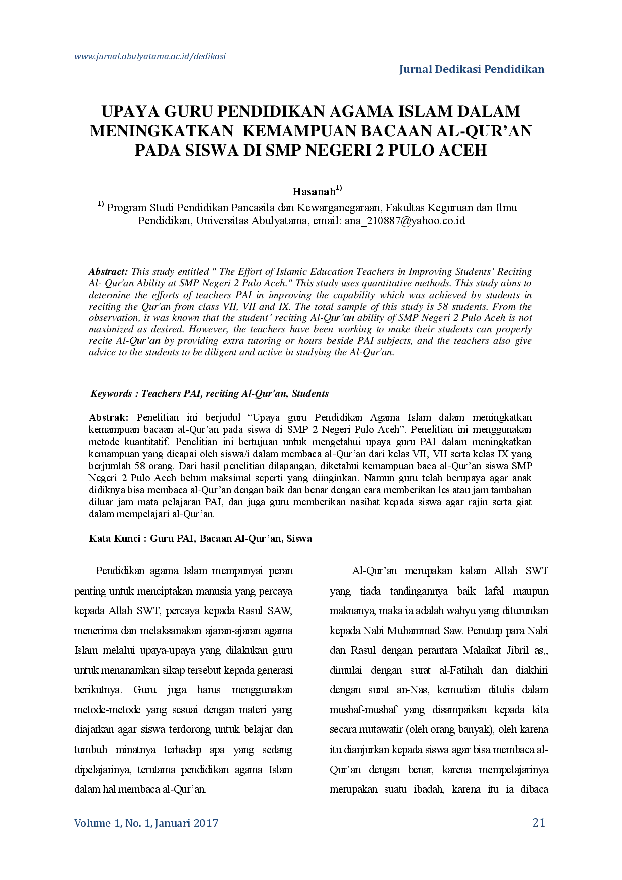 juris Upaya Guru Pendidikan Agama Islam dalam Meningkatkan Kemampuan Bacaan Al Qur an Pada Siswa Di SMP Negeri 2 Pulo Aceh