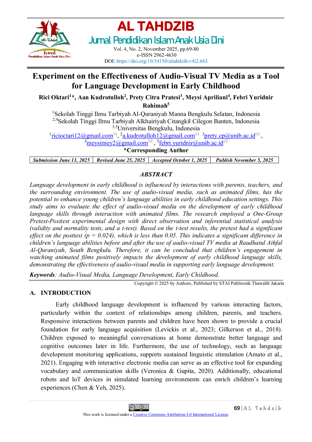 JURIS Experiment on the Effectiveness of Audio Visual TV Media as a Tool for Language Development in Early Childhood
